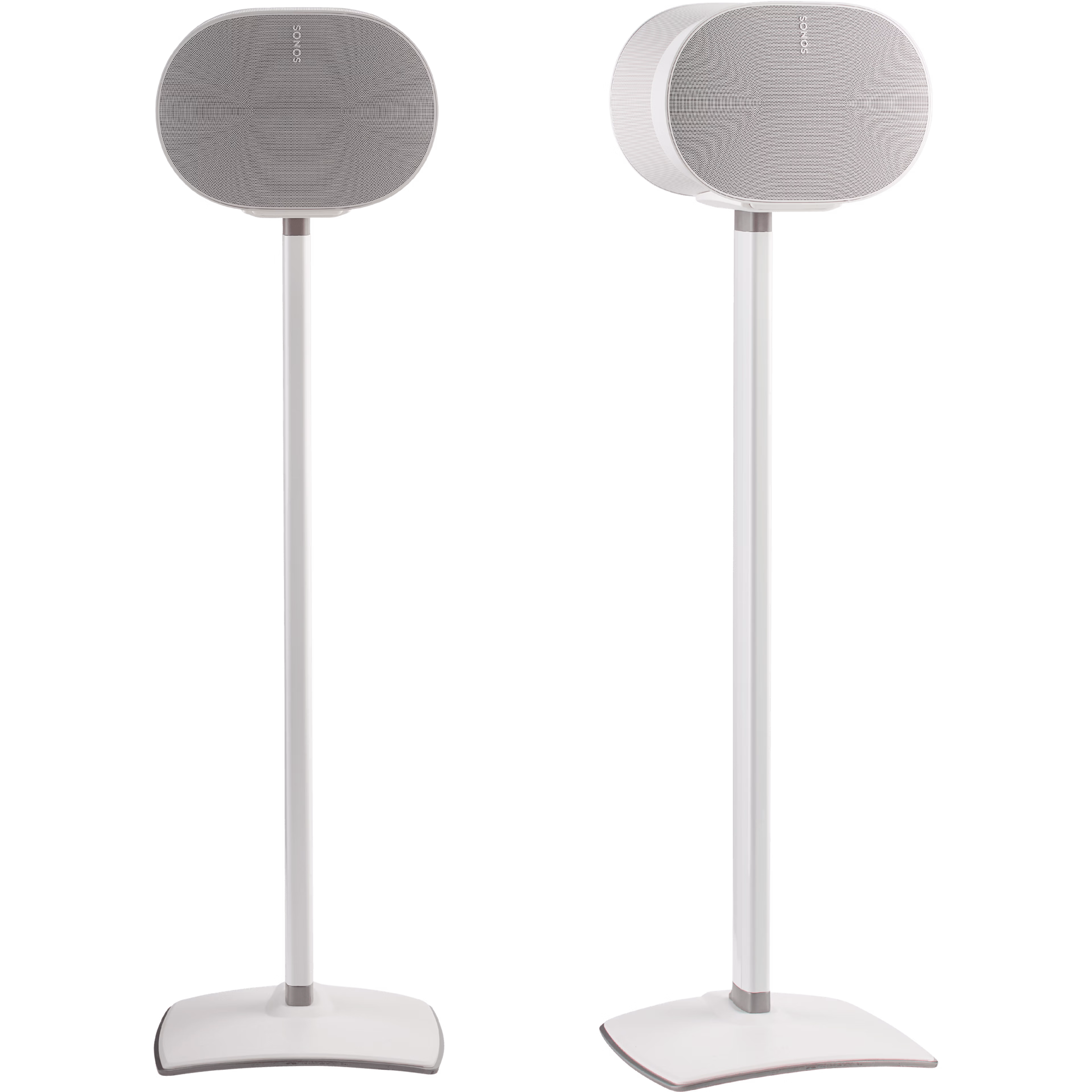 Image of a pair of white Sanus stands holding white Sonos Era 300 speakers