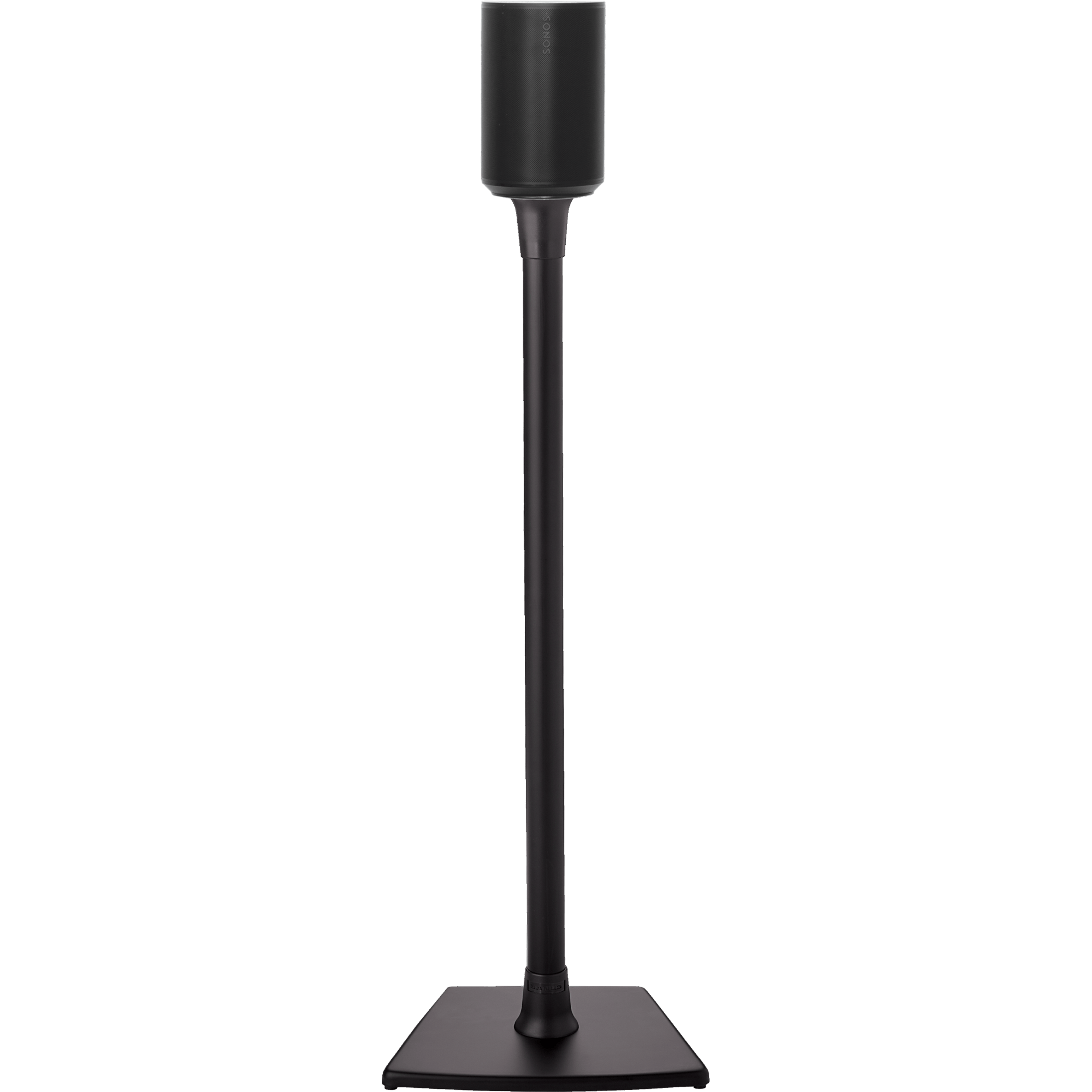 Image of the front of a black Sanus stand holding a black Sonos Era 100 speaker