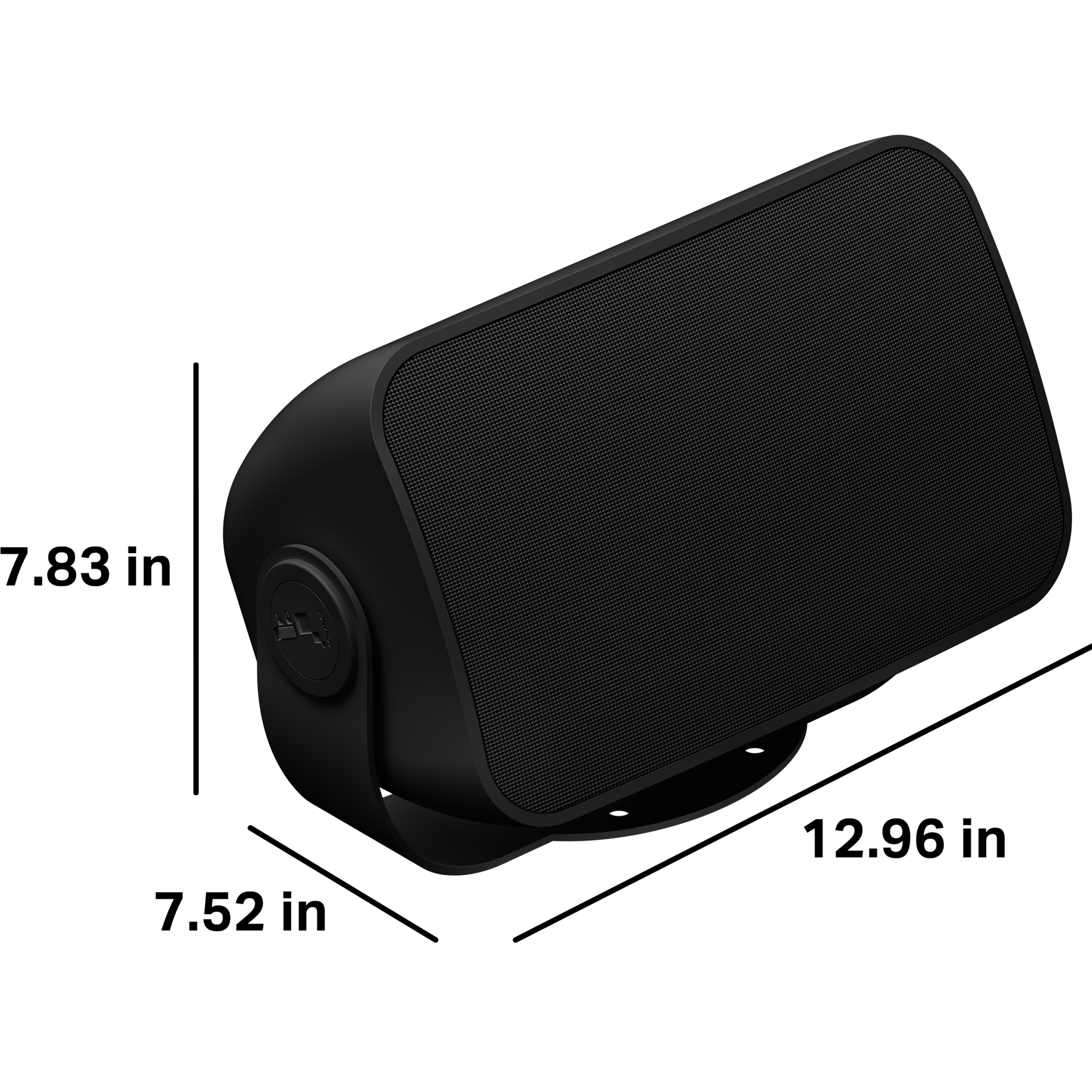 These outdoor speakers are 7.83 inches tall, 7.52 inches deep, and 12.96 inches wide
