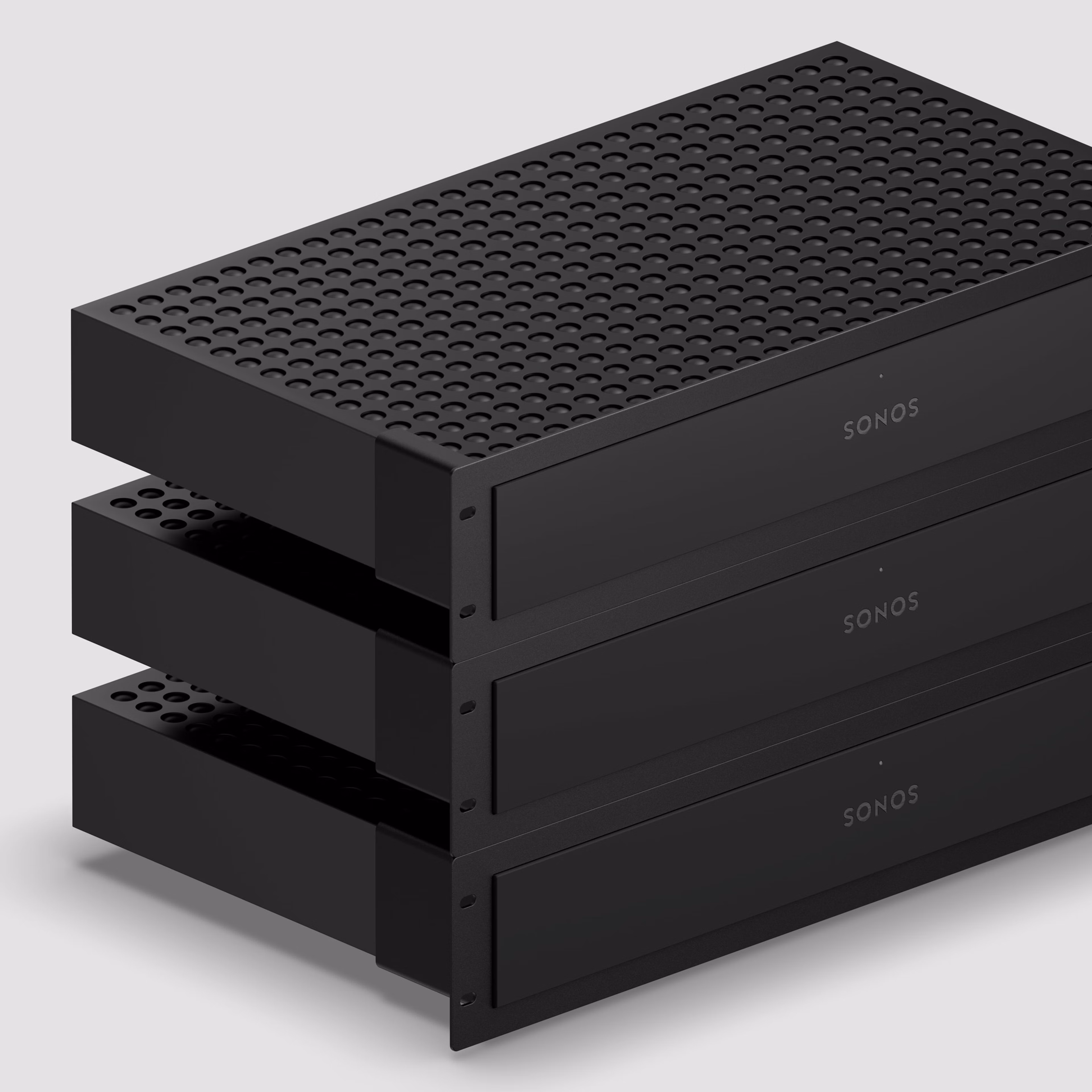 Three Sonos Amp Multis installed in an open rack using the Amp Multi Rack Mount.