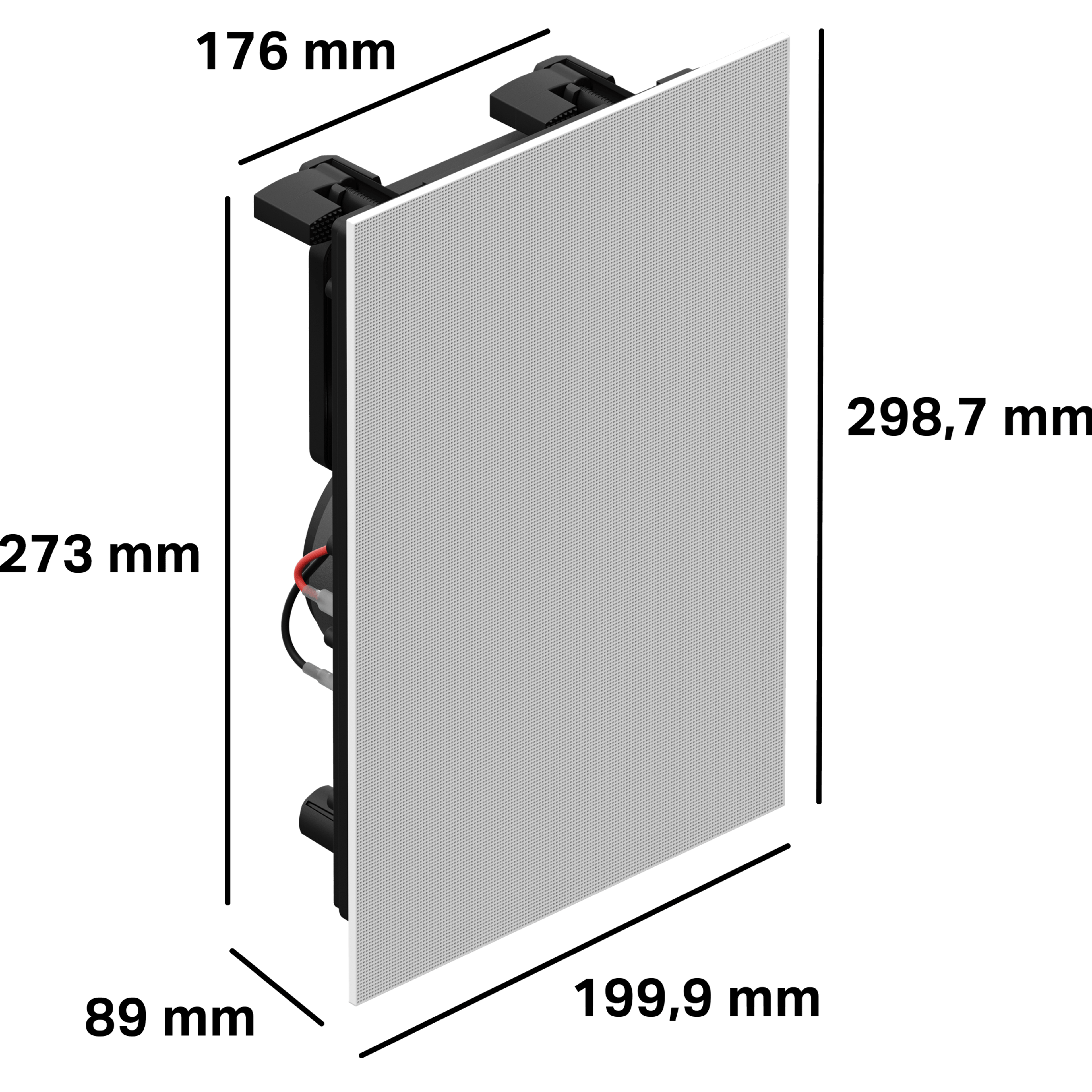 La carcasa para estos parlantes In-Wall mide 273 mm de alto, 176 mm de ancho y 89 mm de profundidad. La rejilla exterior mide 199,9 mm de ancho y 298,7 mm de alto.