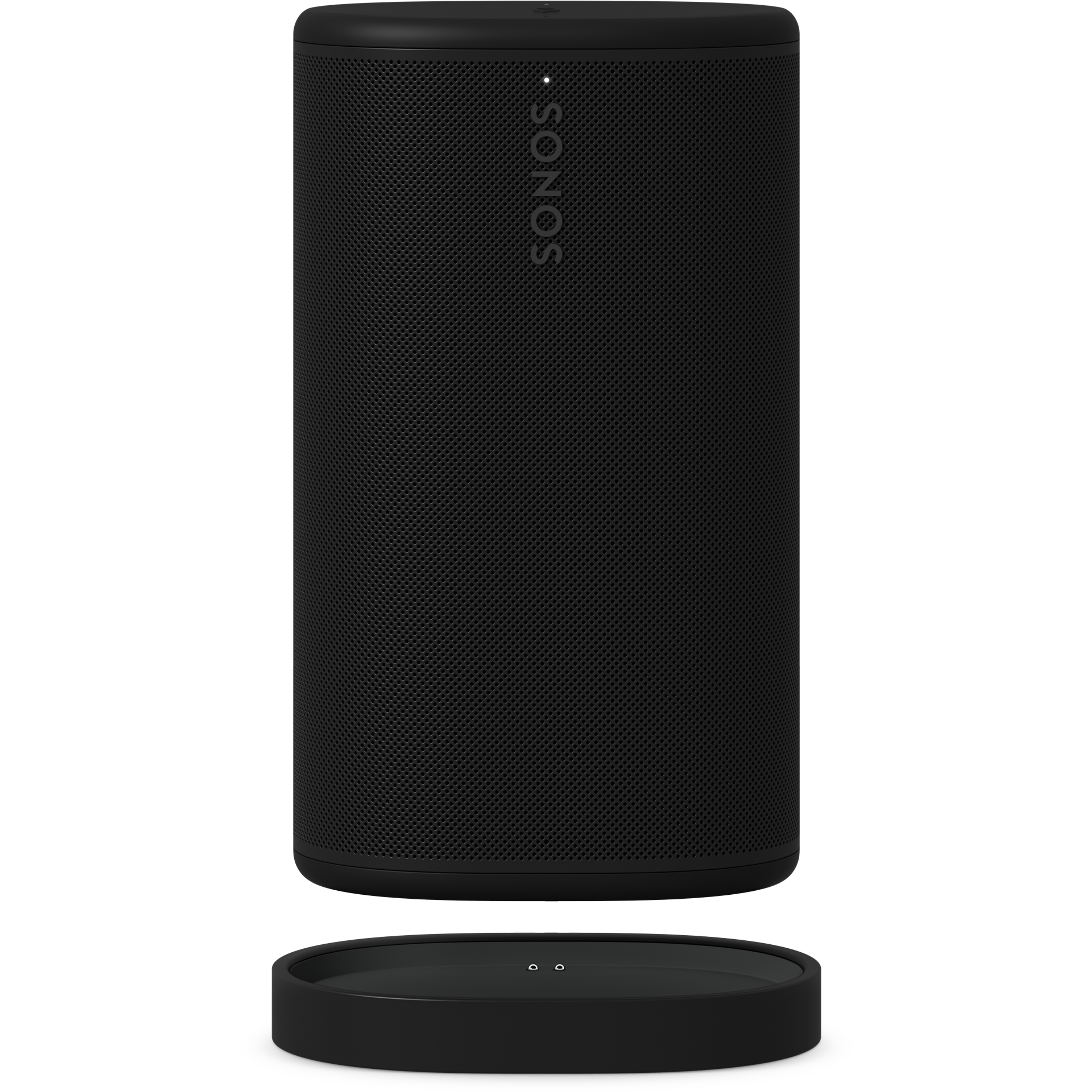 充電ベースの上に浮かぶように佇むSonos Play(ブラック)、前面アングル