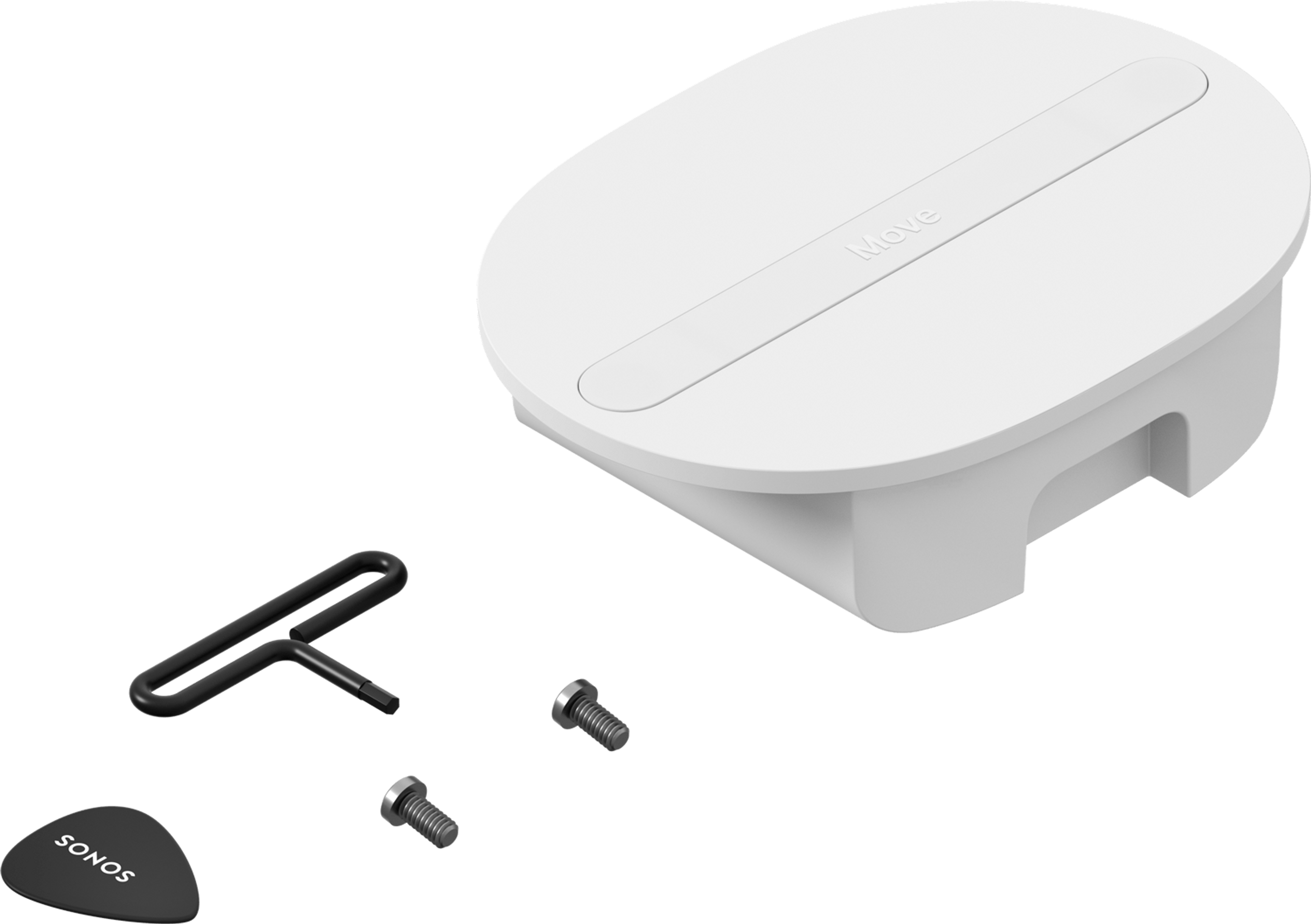 Bild eines Sonos Move 2 Ersatzakku-Kits in Weiß mit dem im Lieferumfang enthaltenen Inbusschlüssel und Montageschrauben