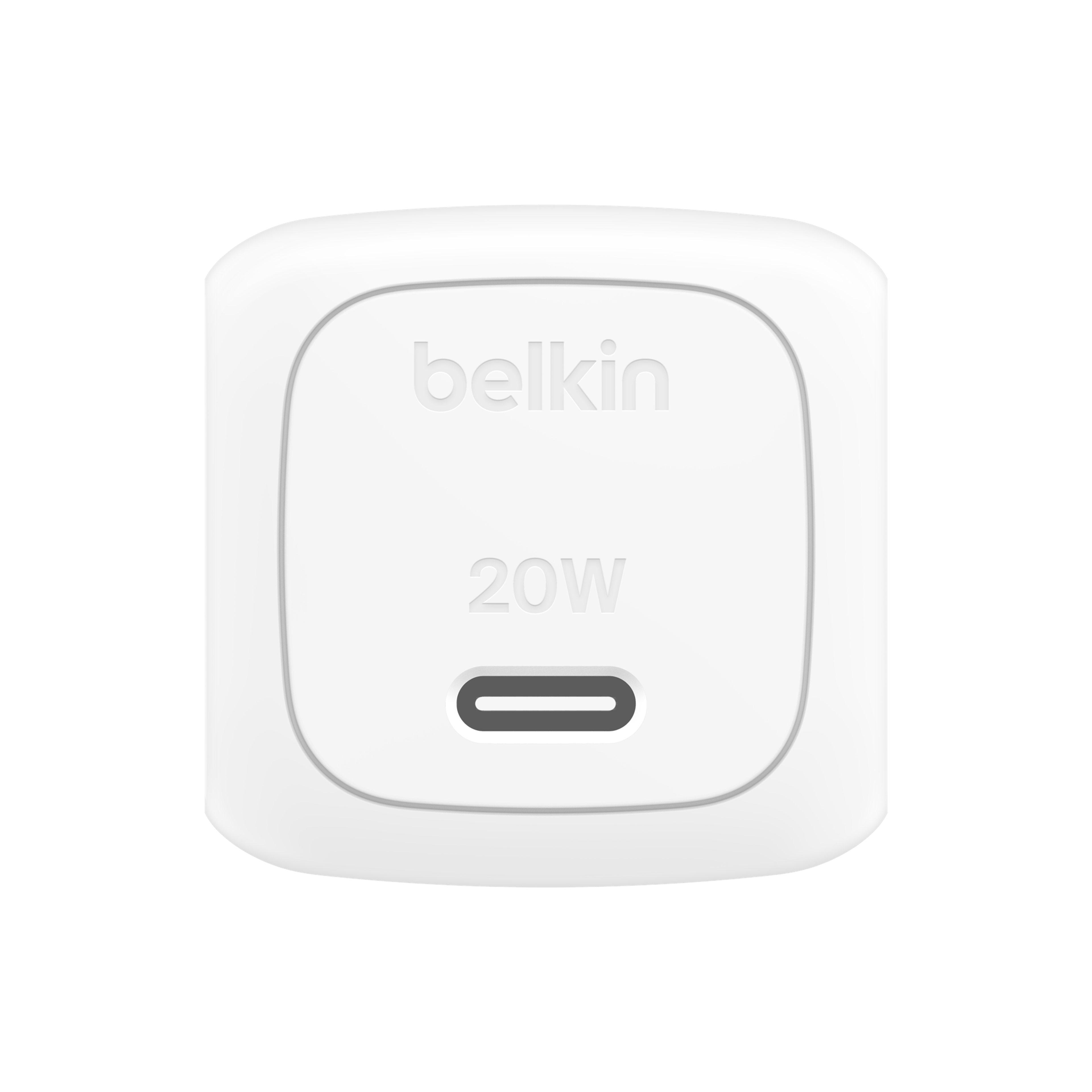 Back of the white Belkin 20w USB-C power adapter