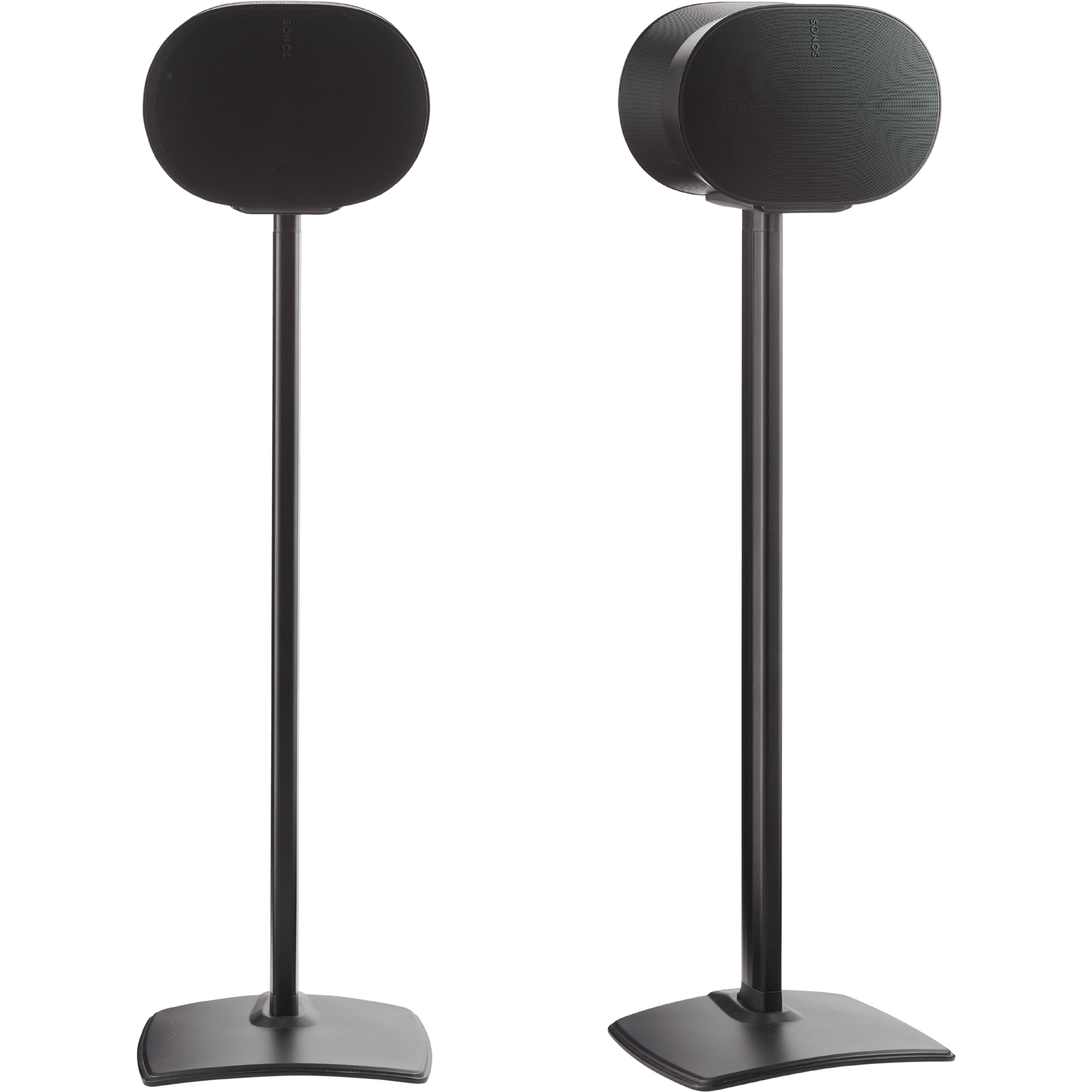 Immagine di una coppia di supporti a pavimento Sanus neri su cui sono montati due speaker Sonos Era 300 neri