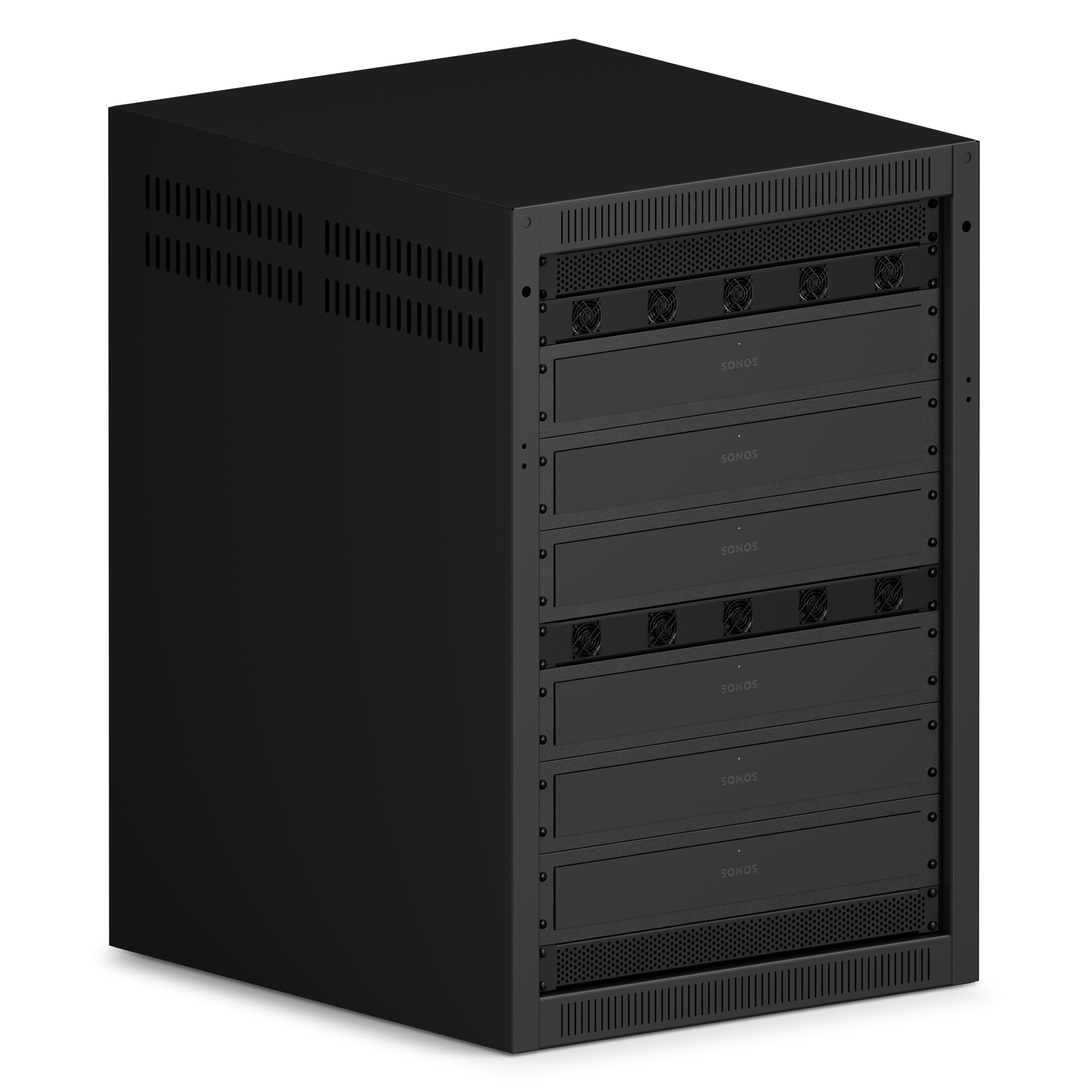 Six Sonos Amp Multis installed in an enclosed rack using the Amp Multi Rack Mount