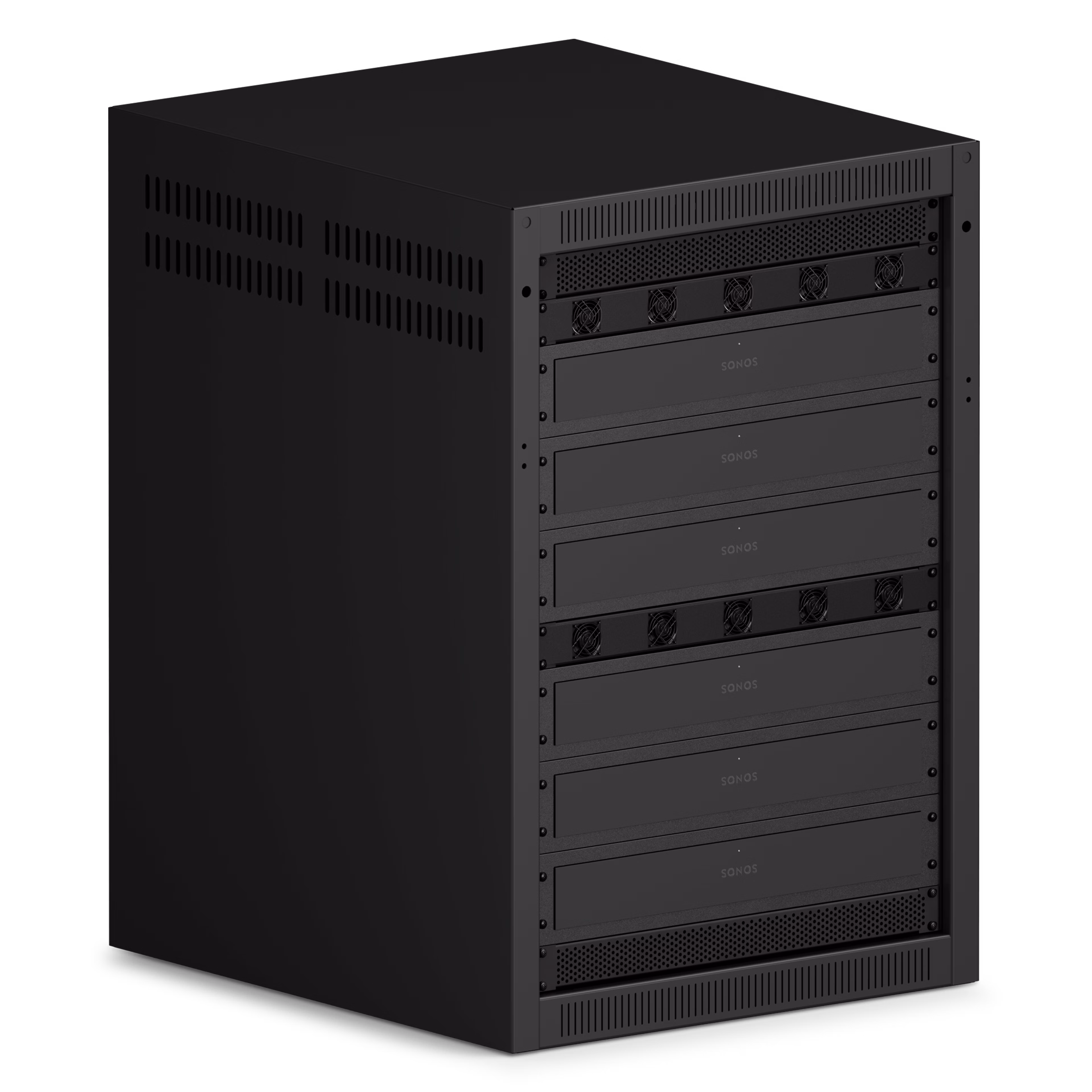 Six Sonos Amp Multi installés dans un rack fermé avec le support pour rack dédié.