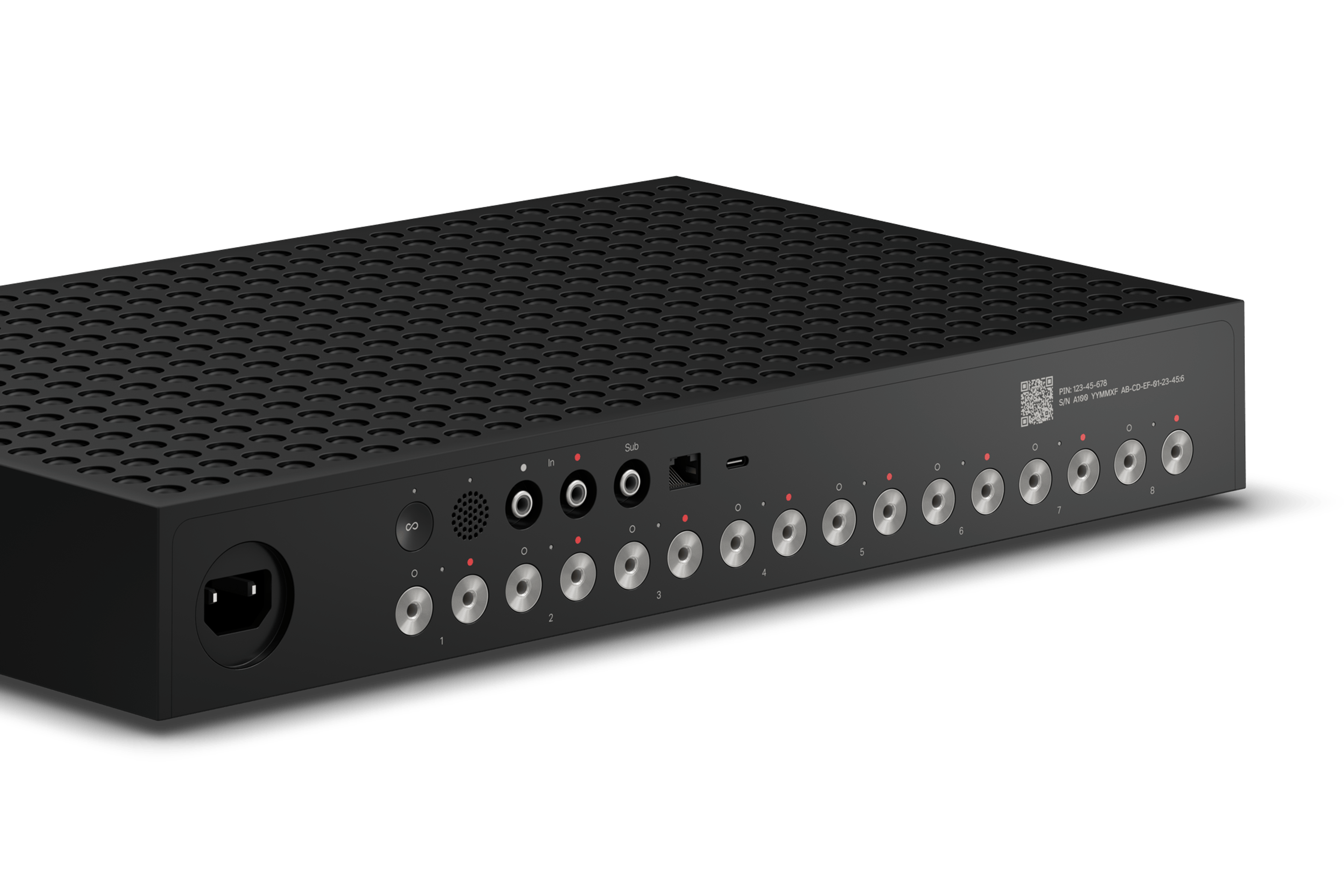 Il pannello posteriore di Sonos Amp Multi dispone di 8 gruppi di uscite per speaker che permettono di controllare più zone