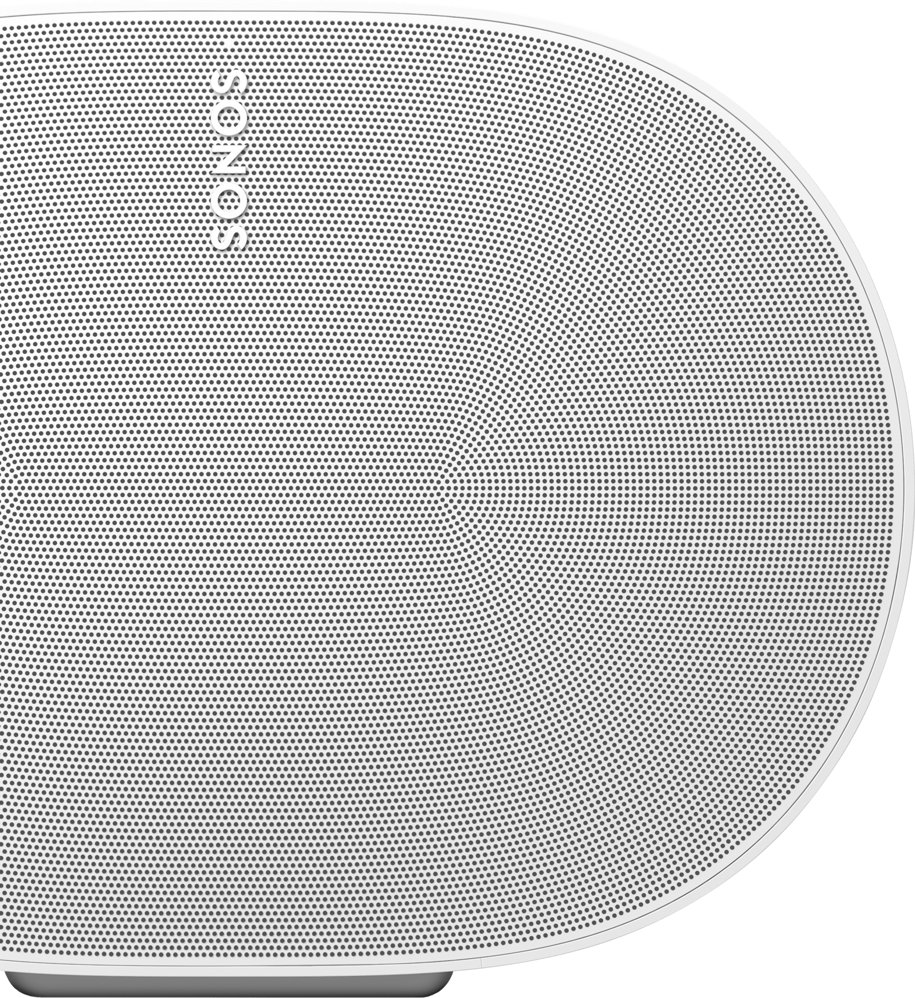 Closeup of the front of white Sonos Era 300 speaker