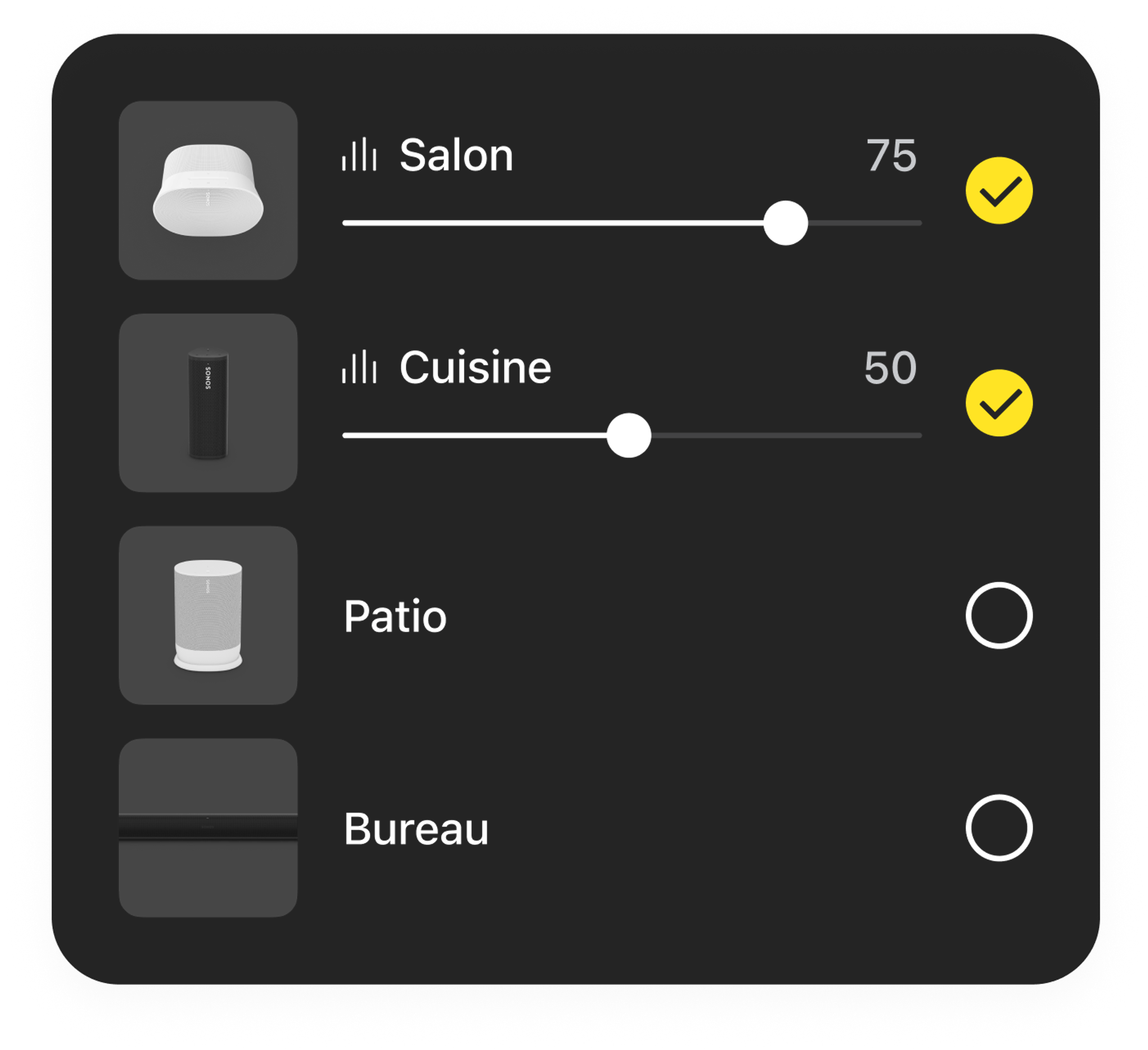 Exemple de réglage du volume d’une pièce dans l’application Sonos