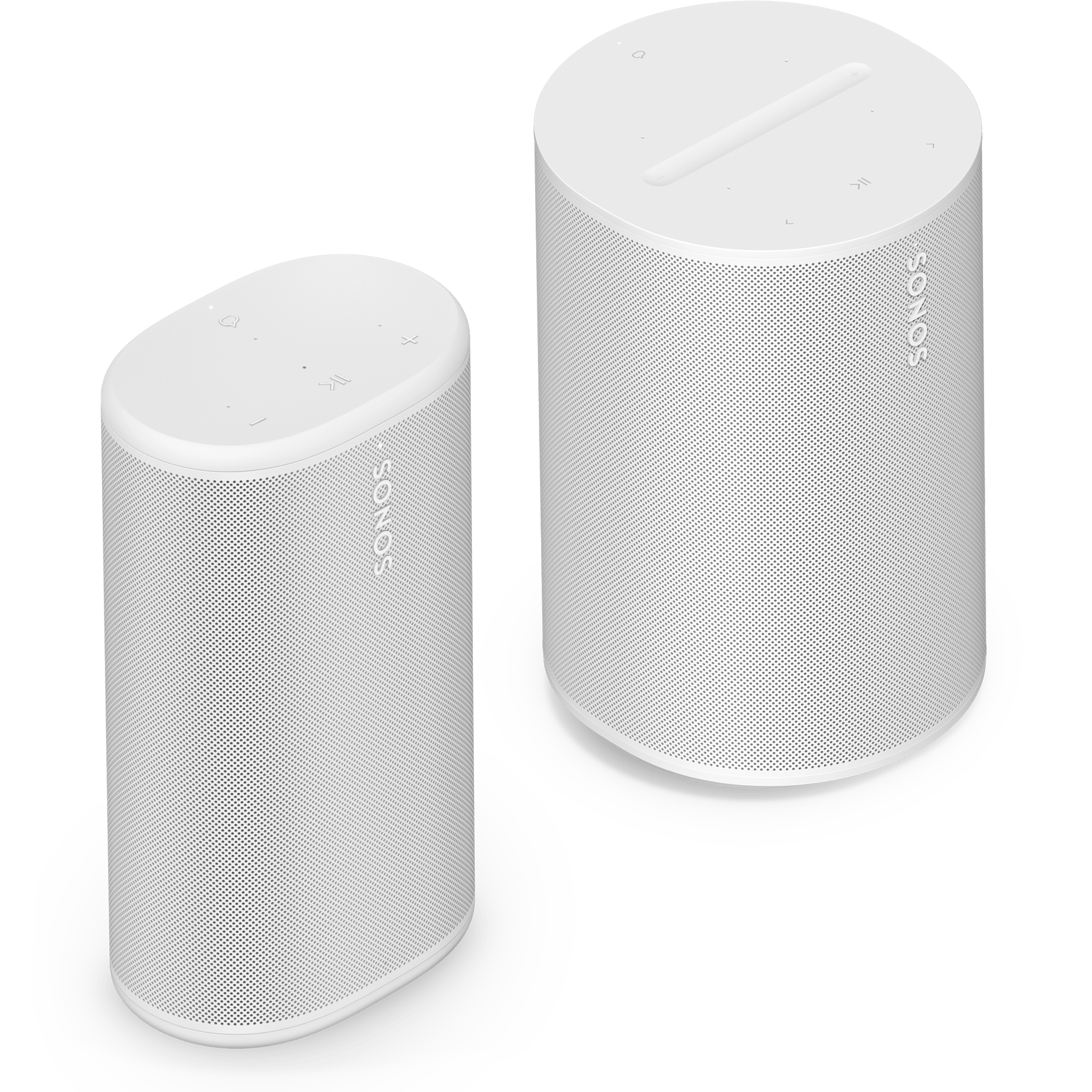 Angled view of the Sonos Play and Era 100 speaker set in white