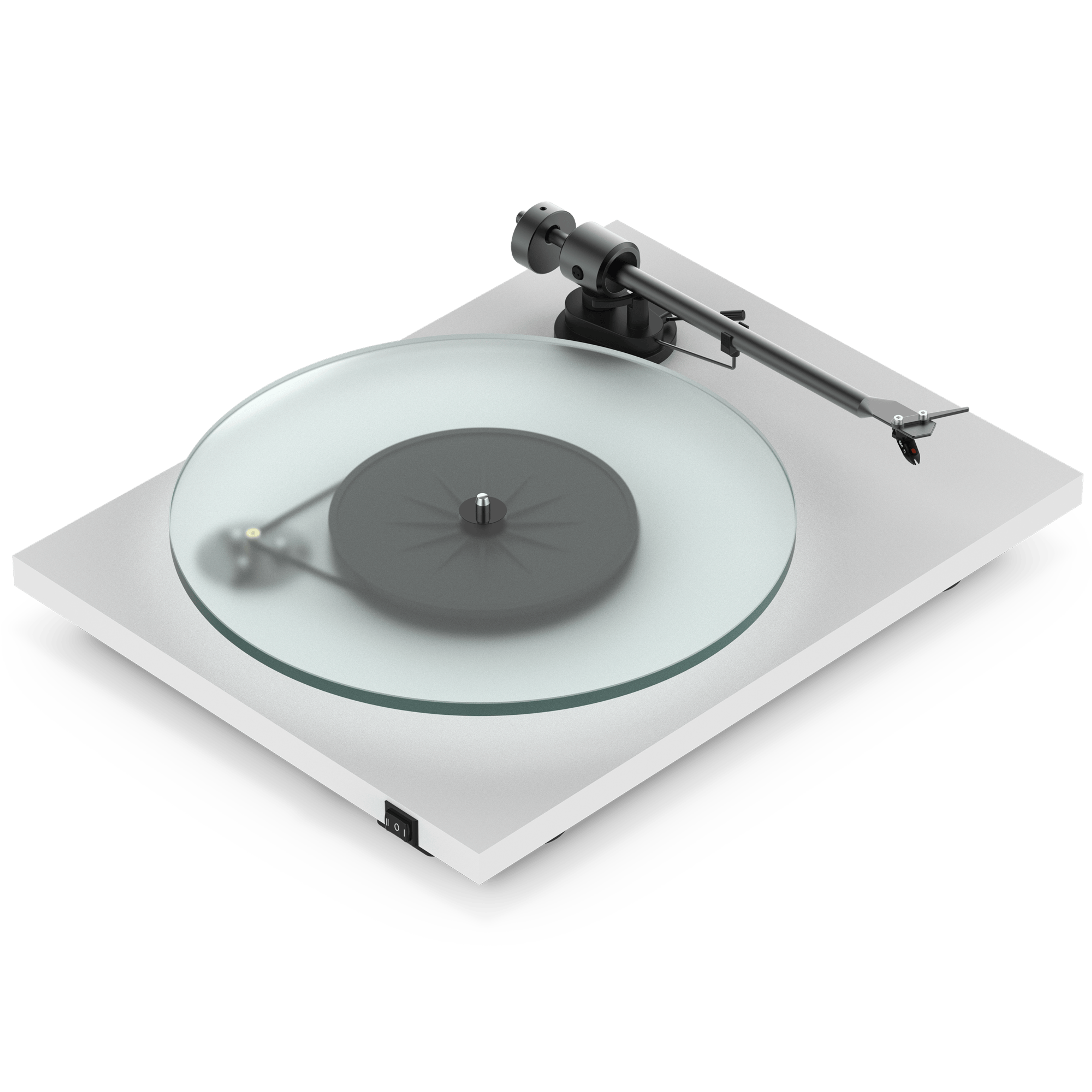 Front-angle view of a white Pro-Ject T1 Evo Phono turntable without its dust cover 