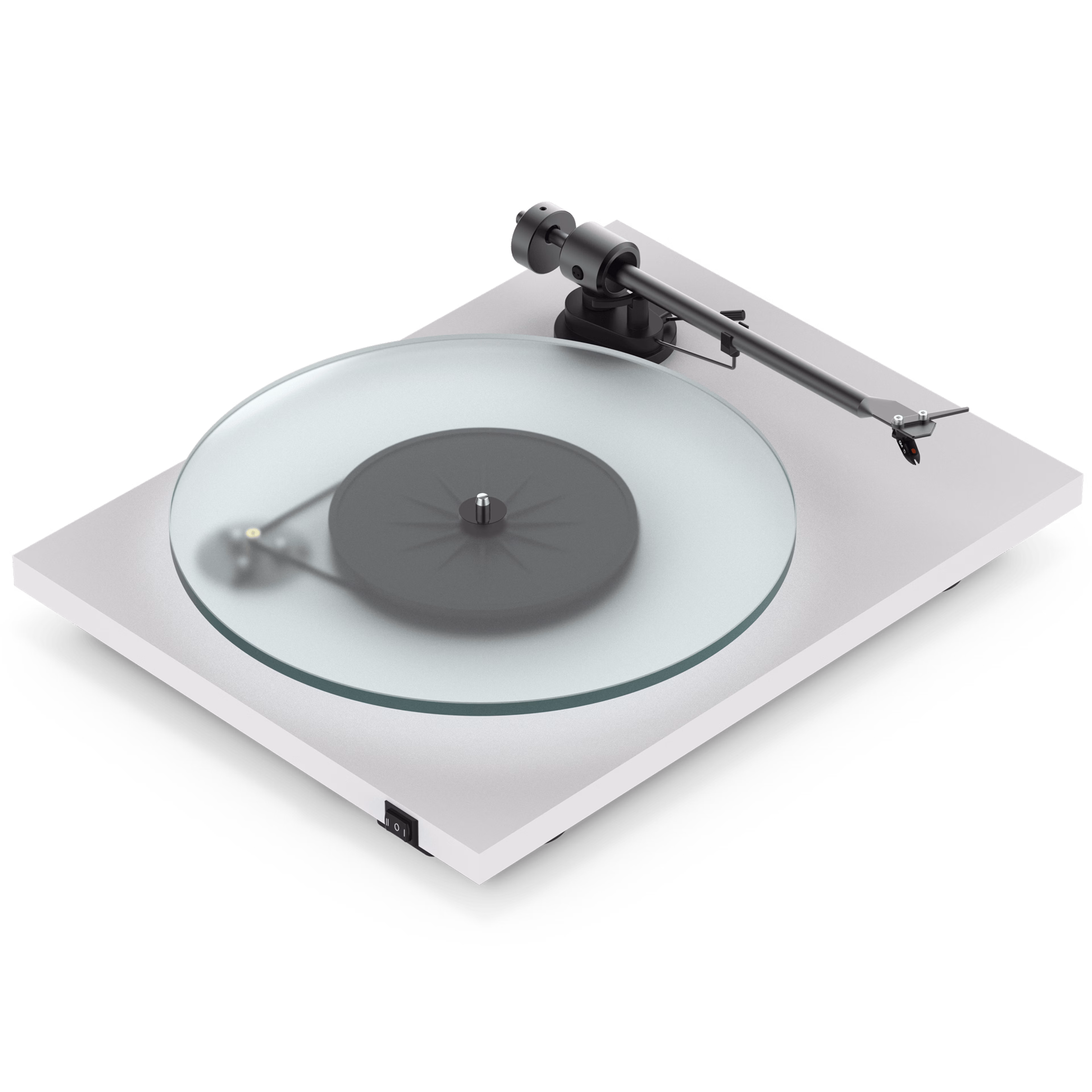 Front-angle view of a white Pro-Ject T1 Evo Phono turntable without its dust cover