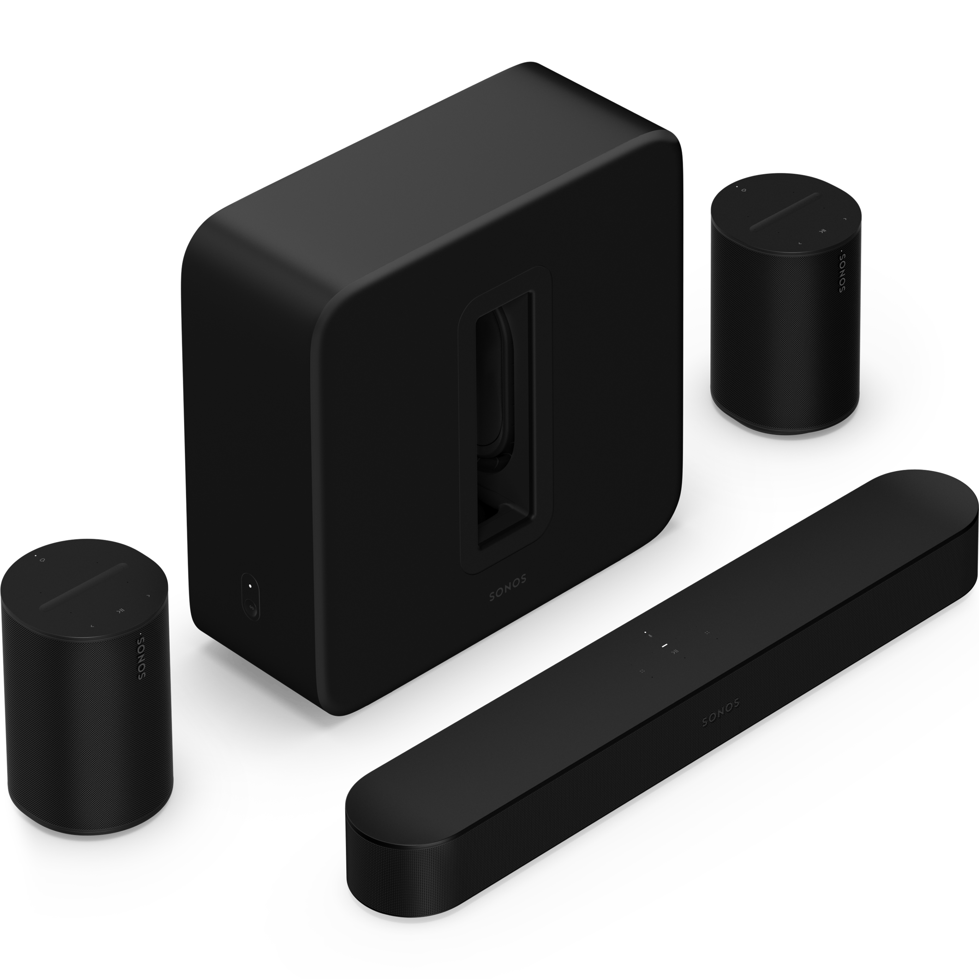 Pack comprenant une Sonos Beam noire, un Sonos Sub 4 noir et une paire d'enceintes Sonos Era 100 noires