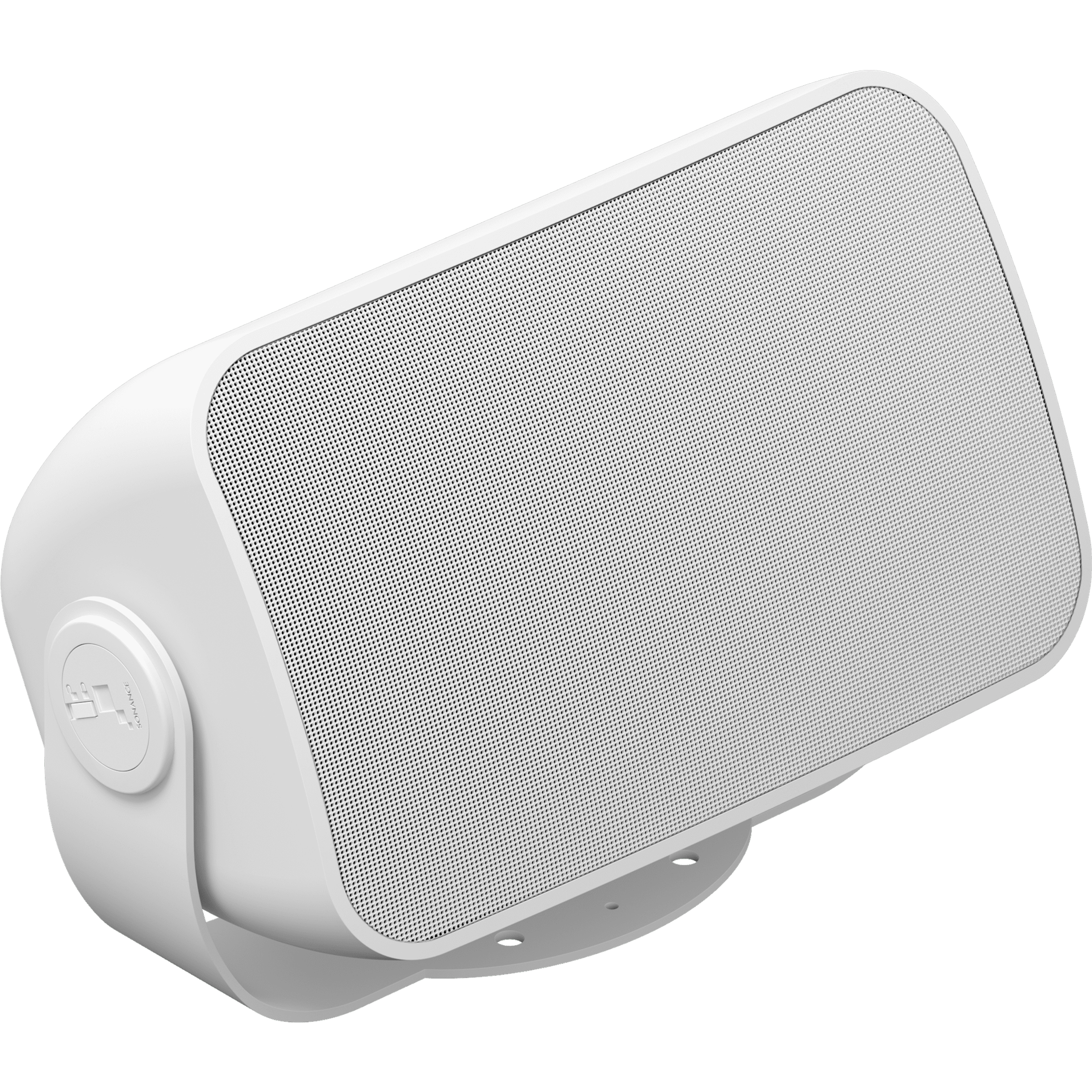 A single white outdoor speaker turned at a slight angle