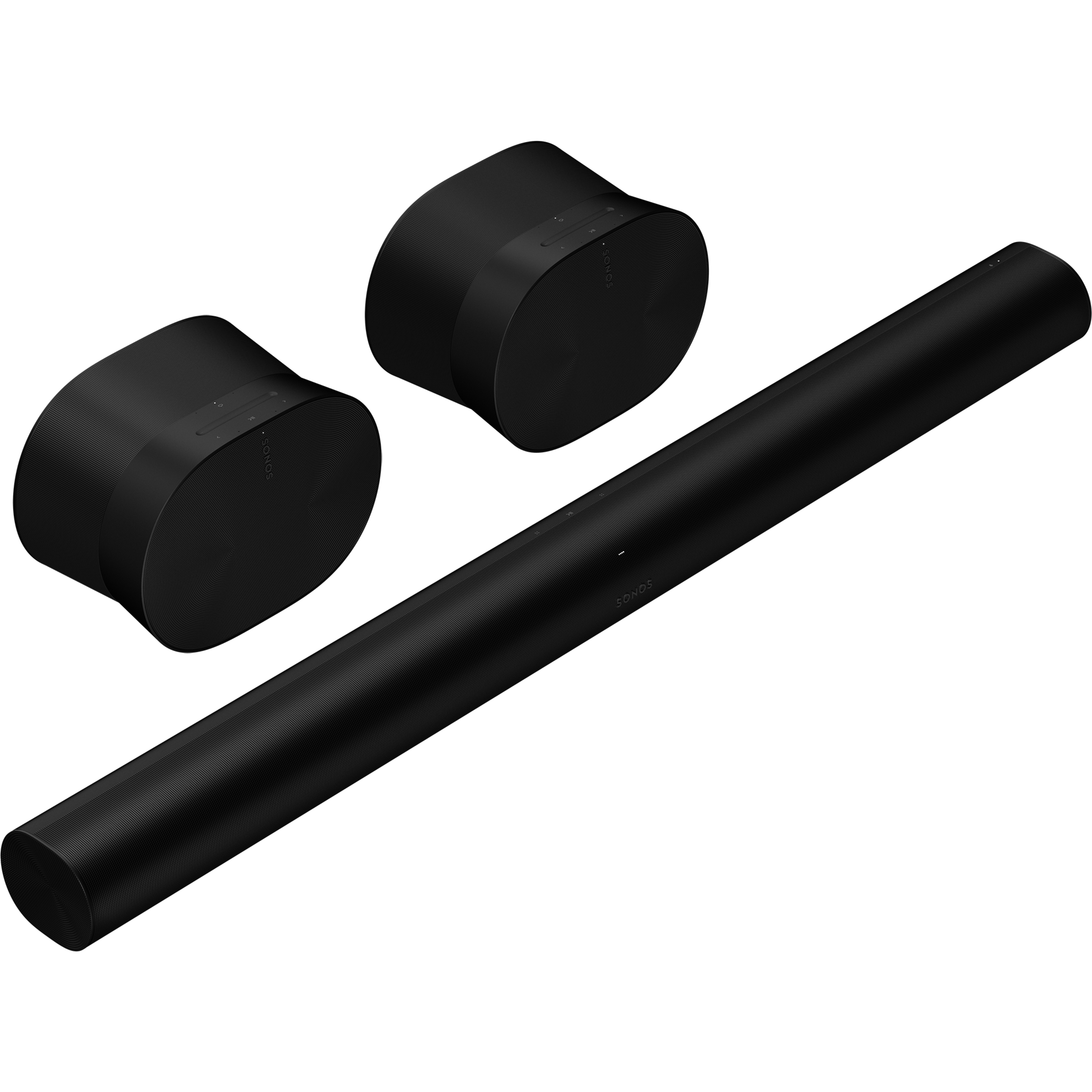 Image of a black Sonos Arc soundbar with two black Sonos Era 300 speakers