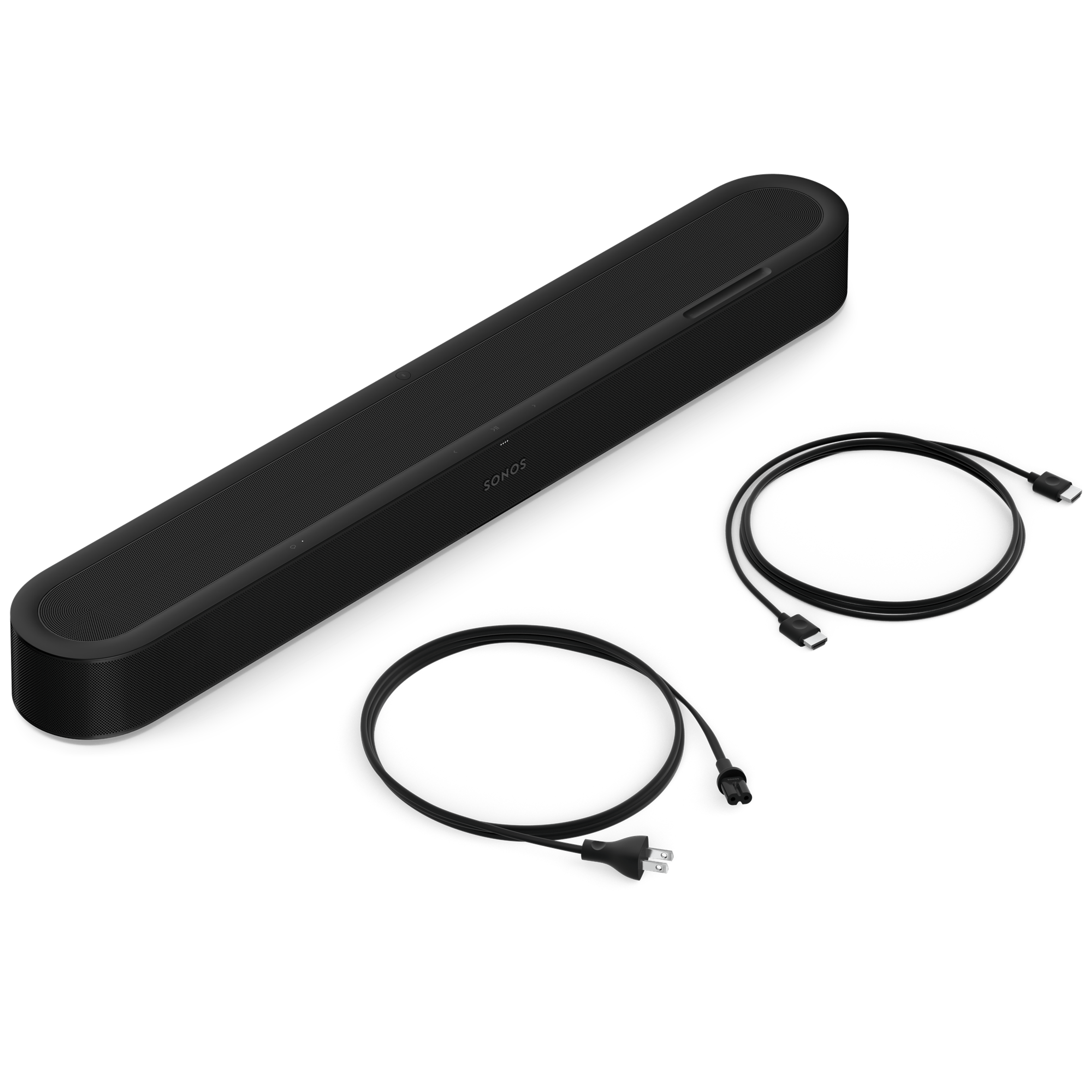 Beam Ultra in black, three-quarter view with included power and HDMI cables