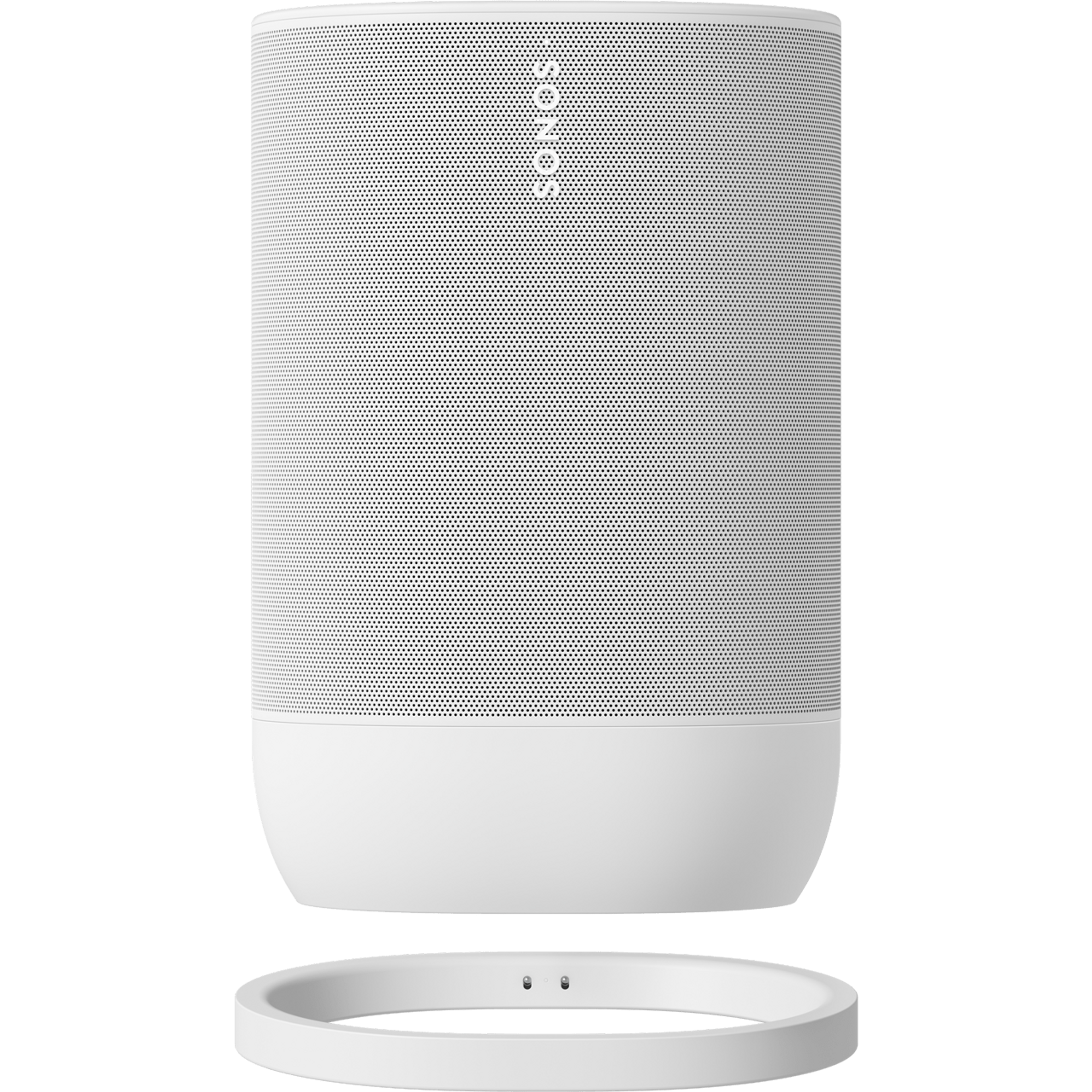 A white Sonos Move 2 from the front hovering over its matching charging base