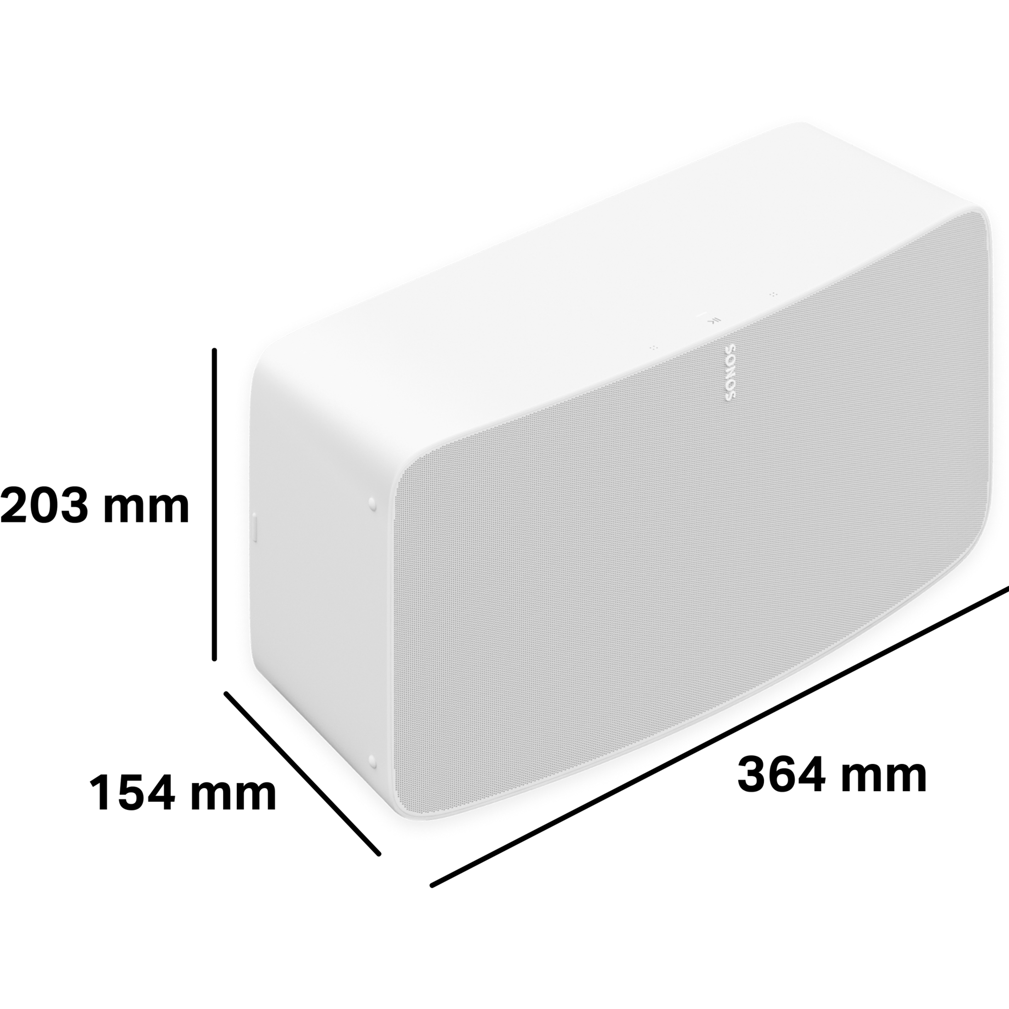 Sonos Five er 203,0 mm høy, 154,0 mm dyp og 364,0 mm bred