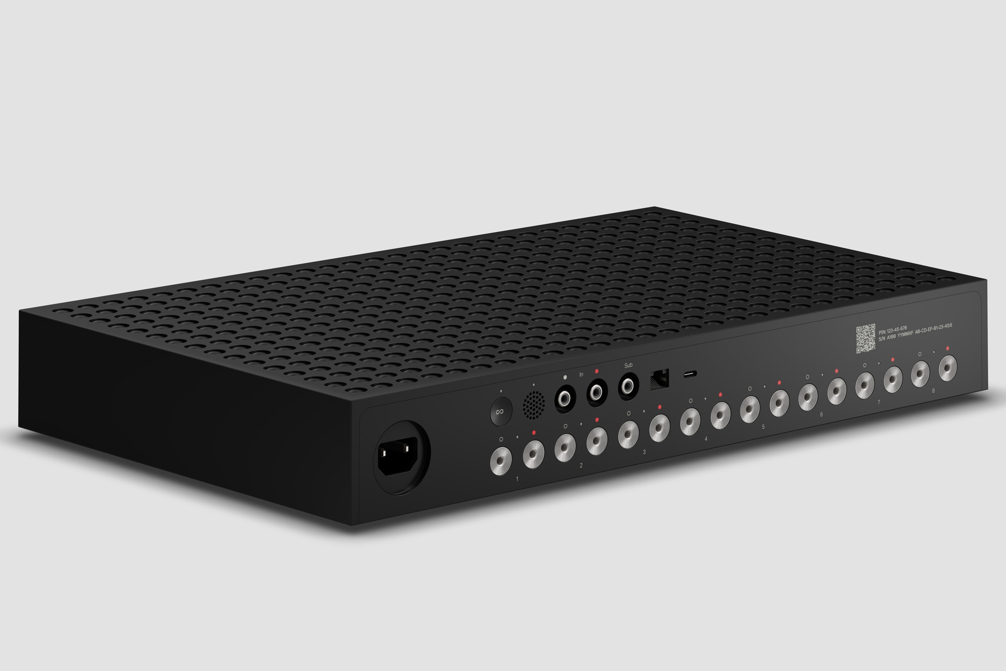 Rear panel of Sonos Amp Multi, featuring 8 sets of speaker outputs for multi-zone control.