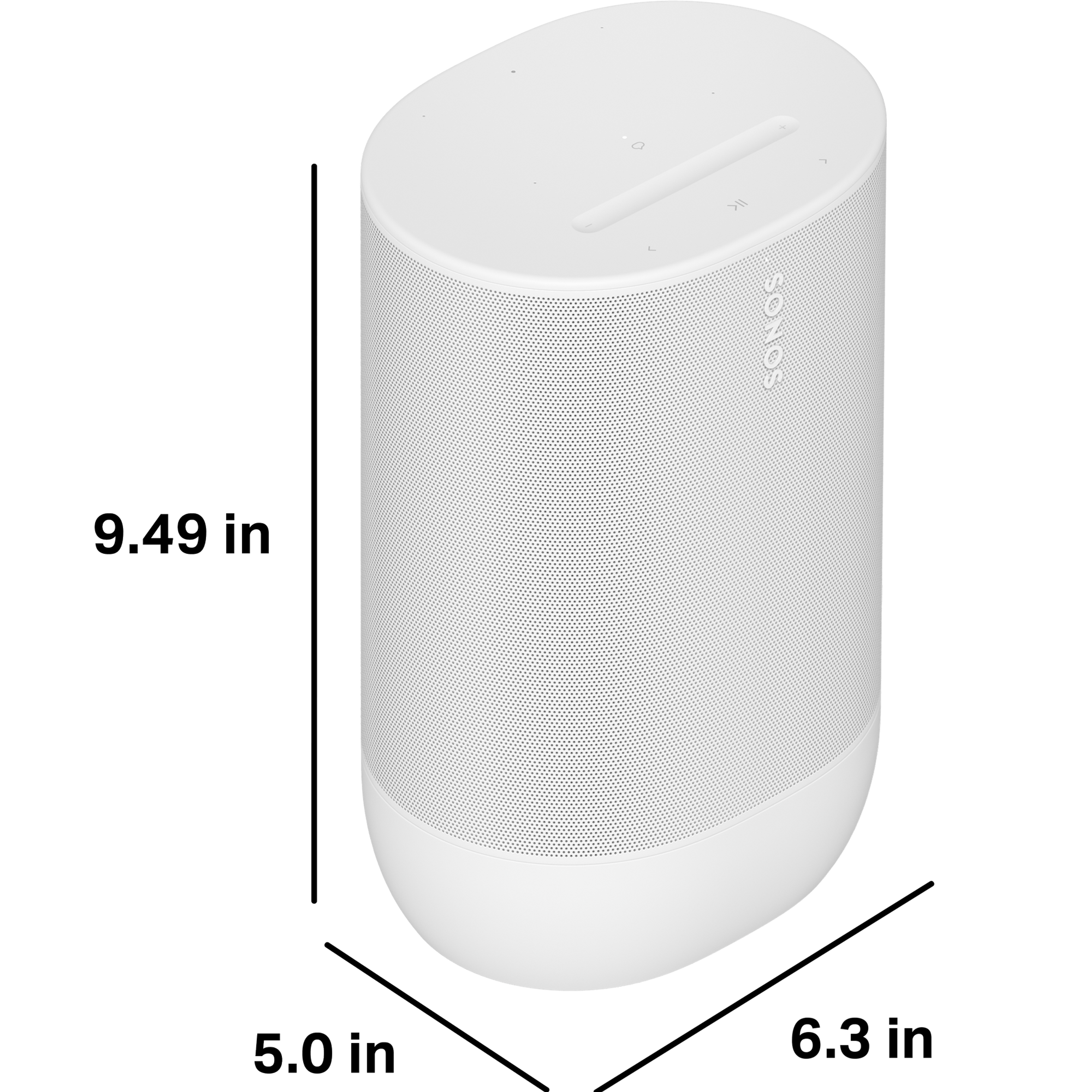 Move 2 is 9.49 inches tall, 5.0 inches deep, and 6.3 inches wide