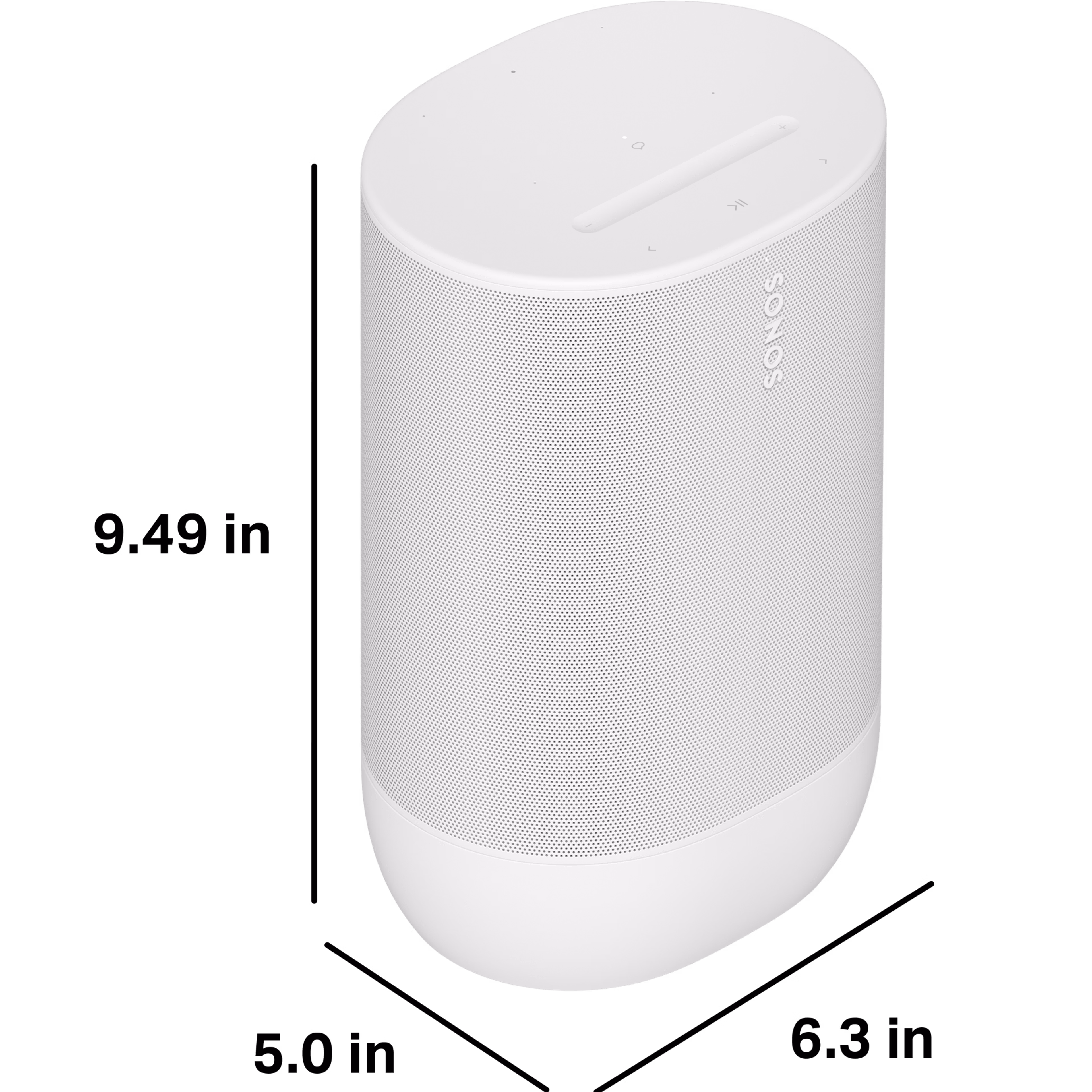 Move 2 is 9.49 inches tall, 5.0 inches deep, and 6.3 inches wide