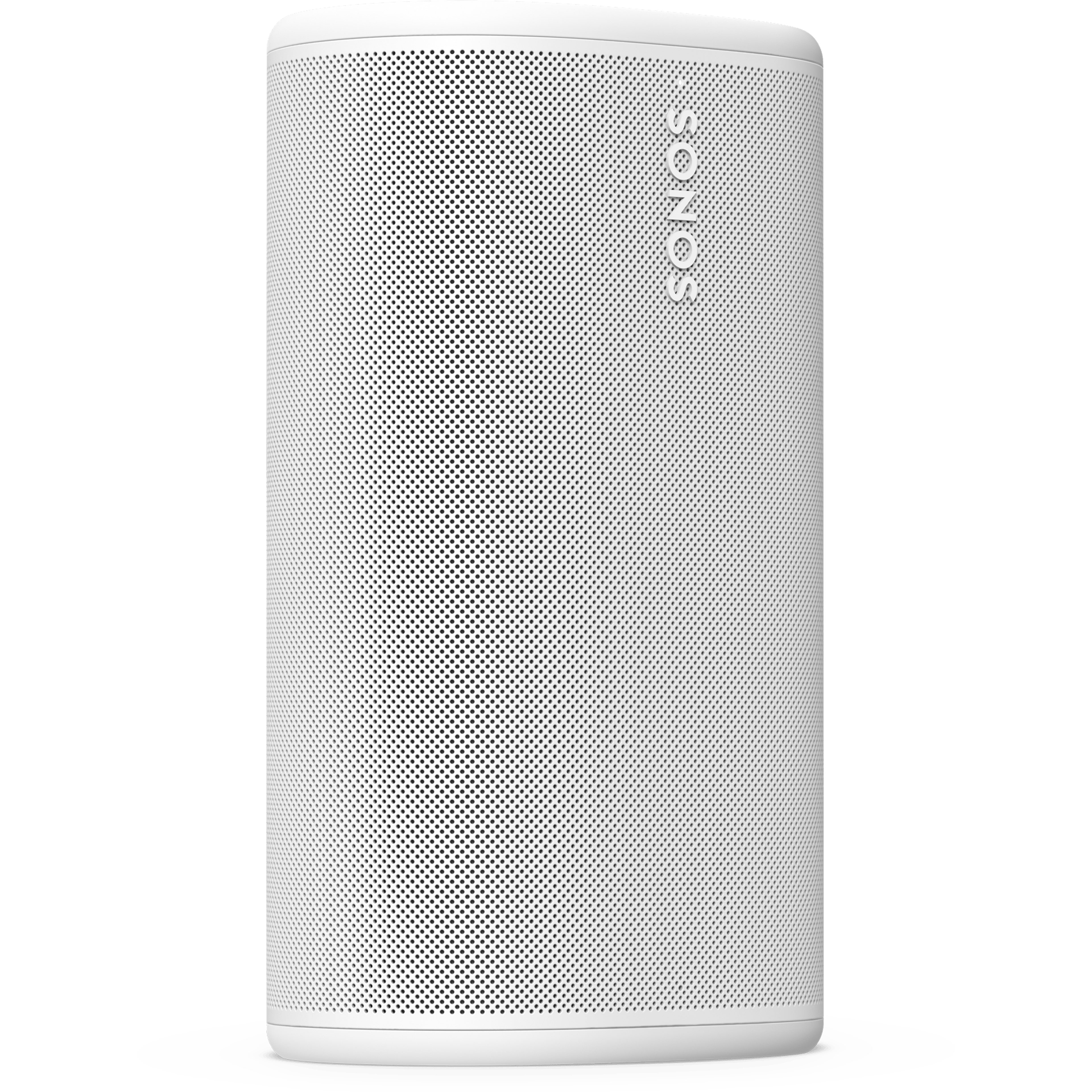 Vooraanzicht van een iets gedraaide, witte Sonos Play