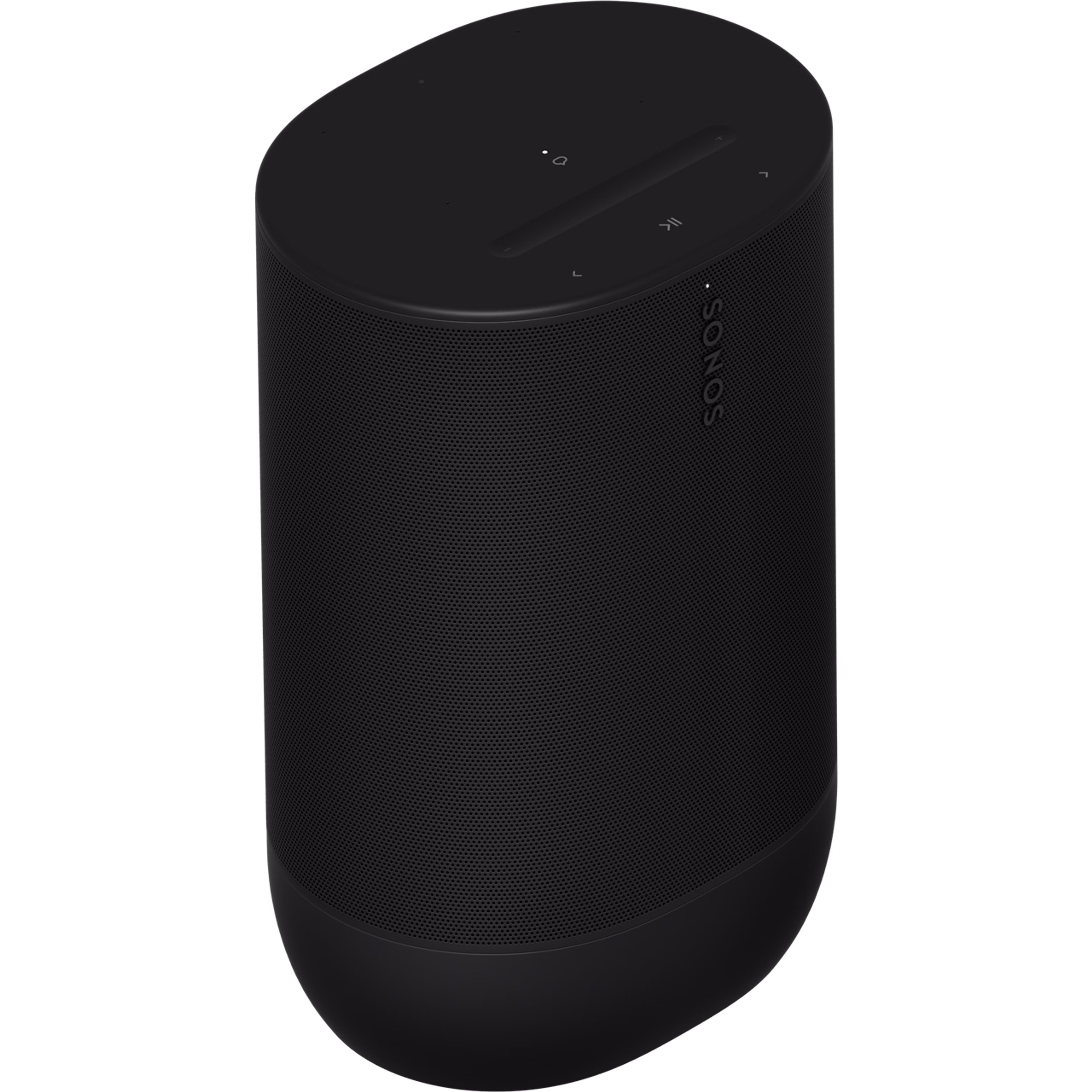 Vorder- und Draufsicht eines schräg positionierten Sonos Move 2 in Schwarz