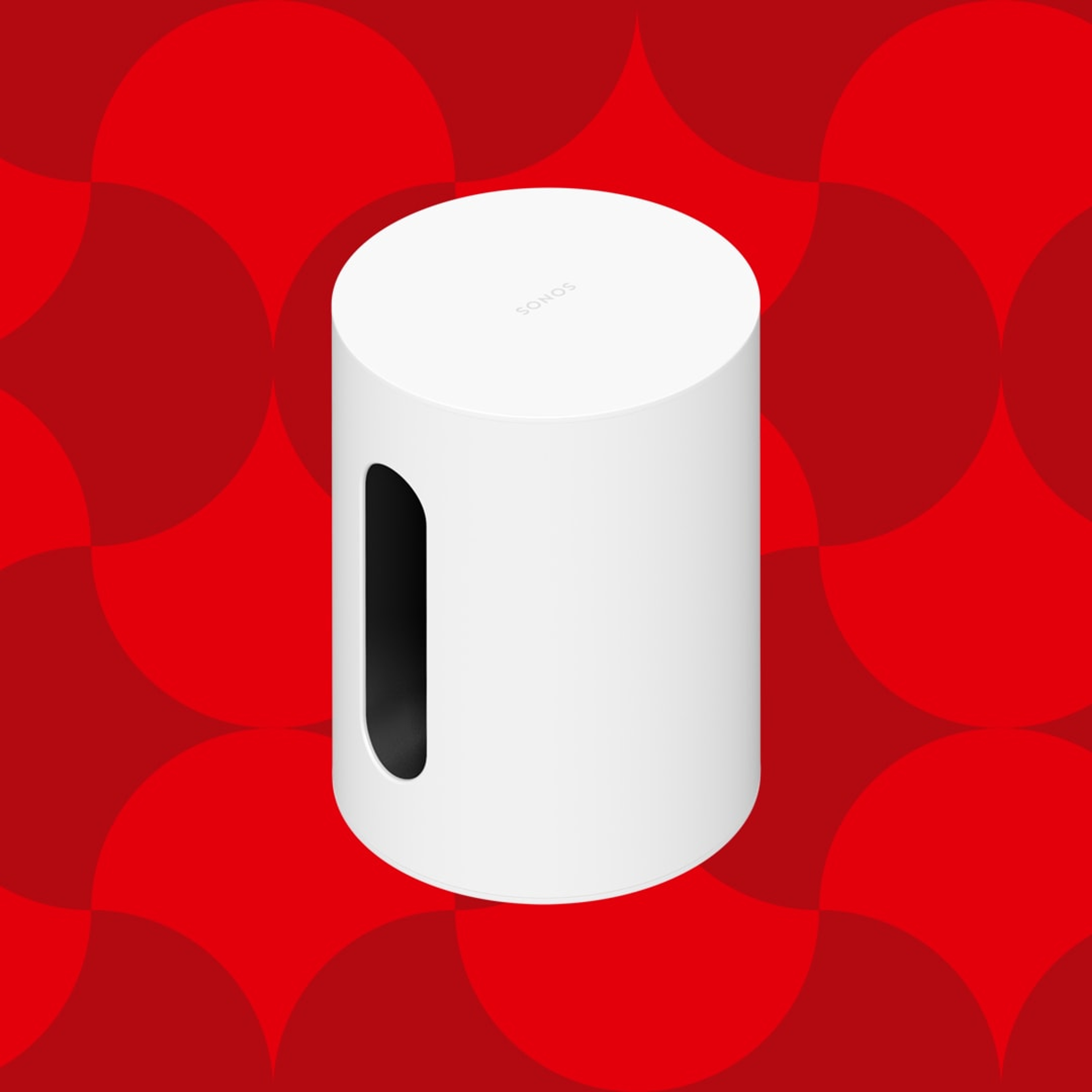 Image of a white Sonos Sub Mini on a red graphic holiday background
