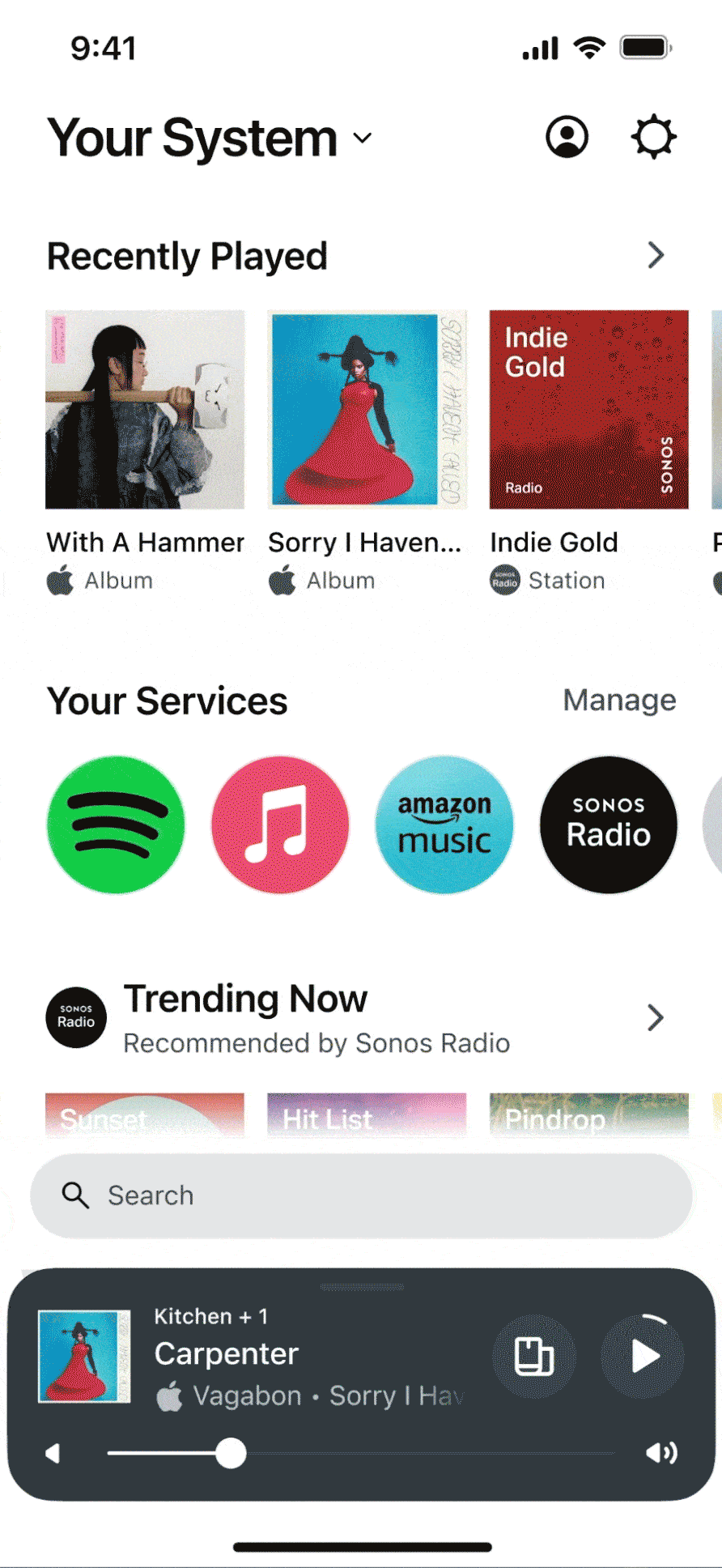 Animated example of a user navigating the new Sonos app home screen