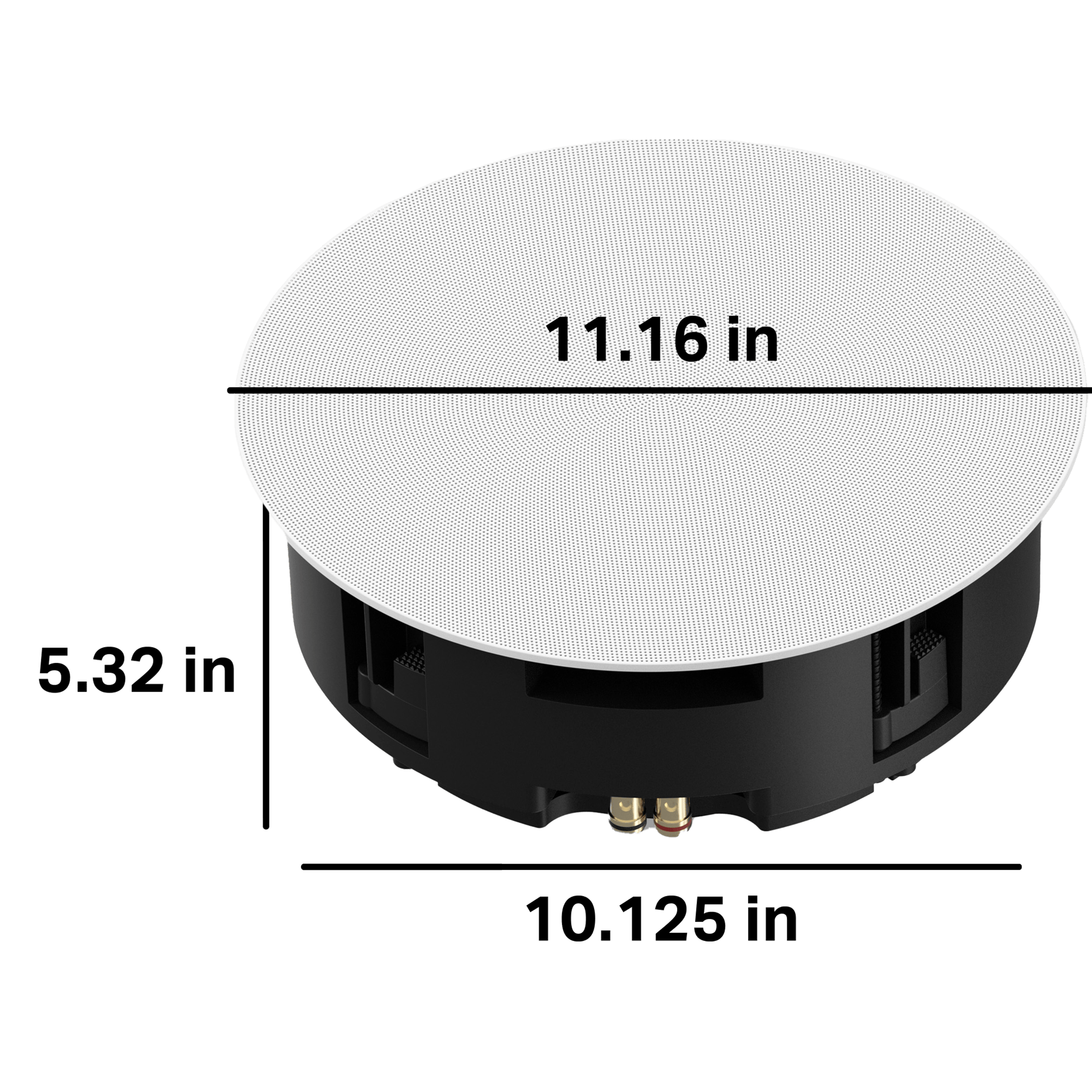 The housing for these in-ceiling speakers is 5.32 inches deep, requiring a 10.125 inch diameter cutout. The outer grille diameter is 11.16 inches.