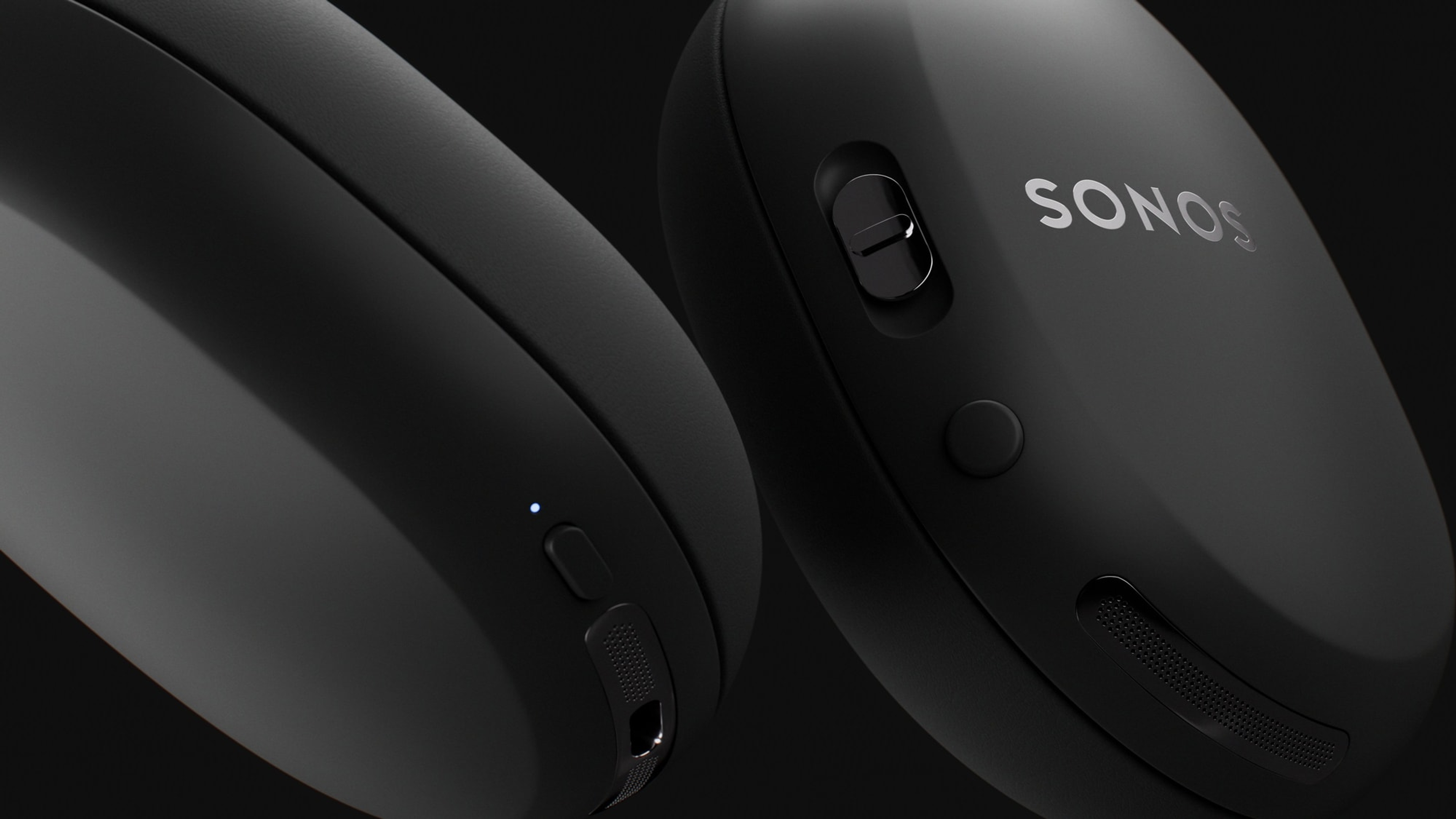 Closeup detail of the controls on a pair of Sonos Ace Ultra headphones in Black