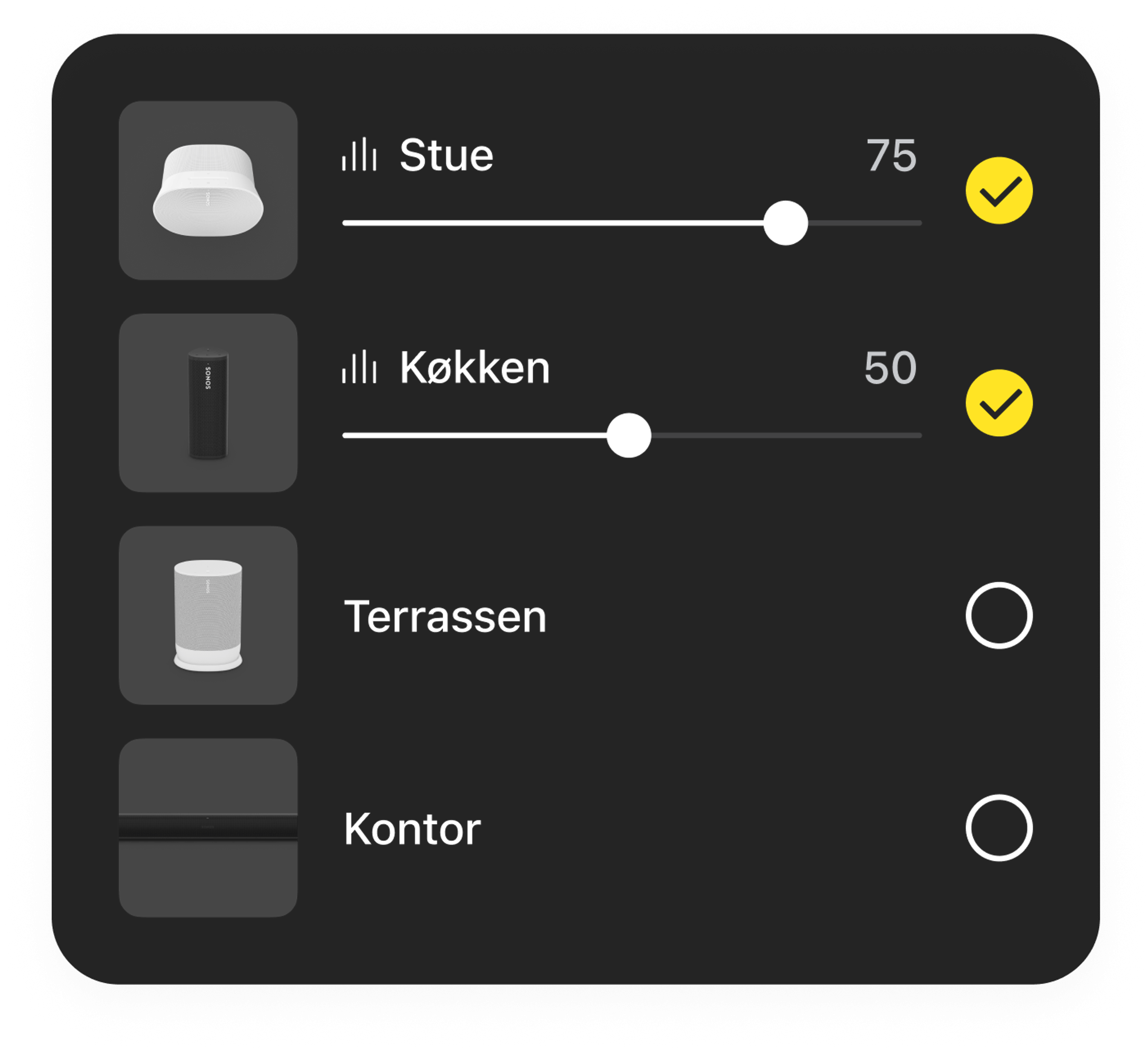 Eksempel på betjening af rumlydstyrke i Sonos-appen