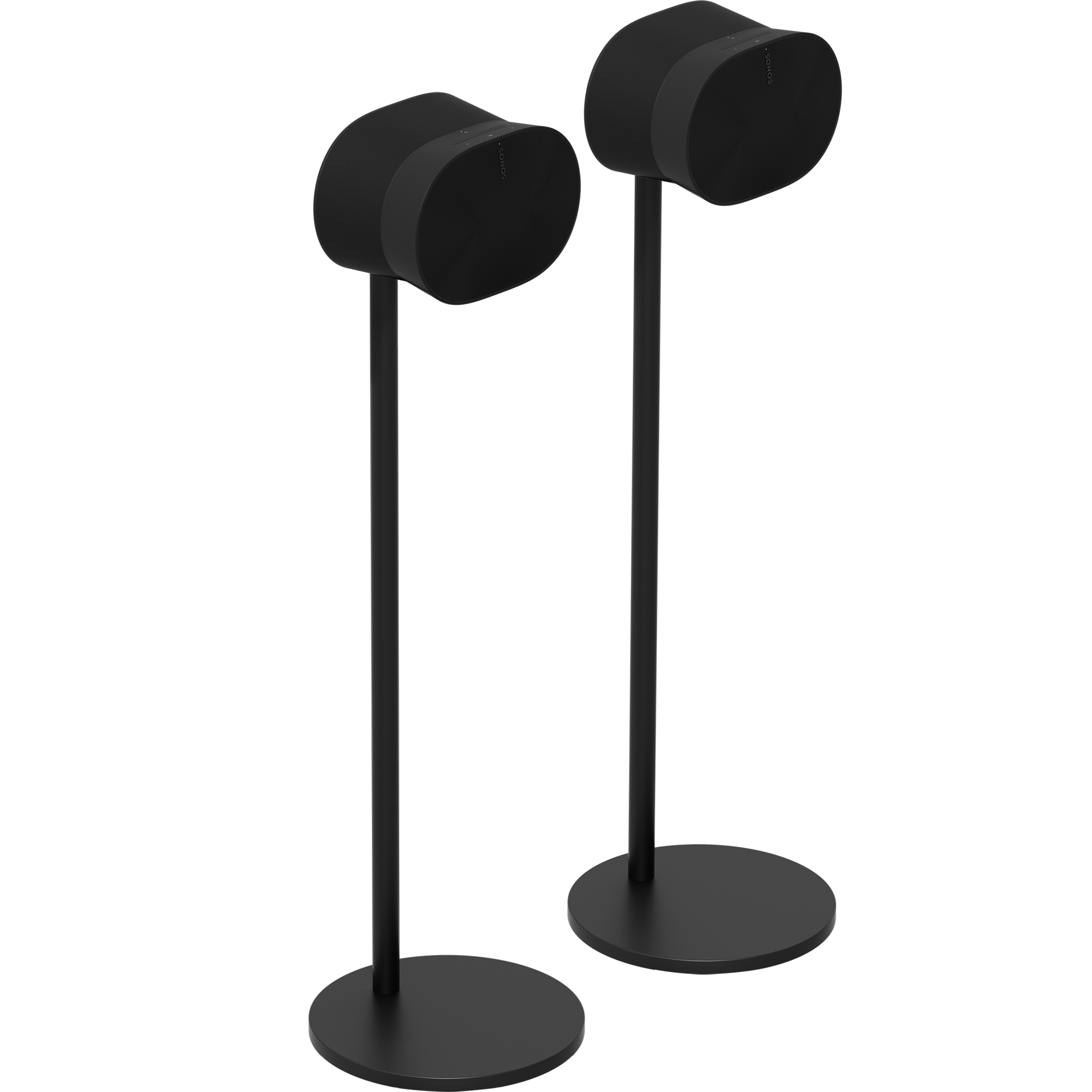 Two Sonos Era 300 stands with mounted speakers in black