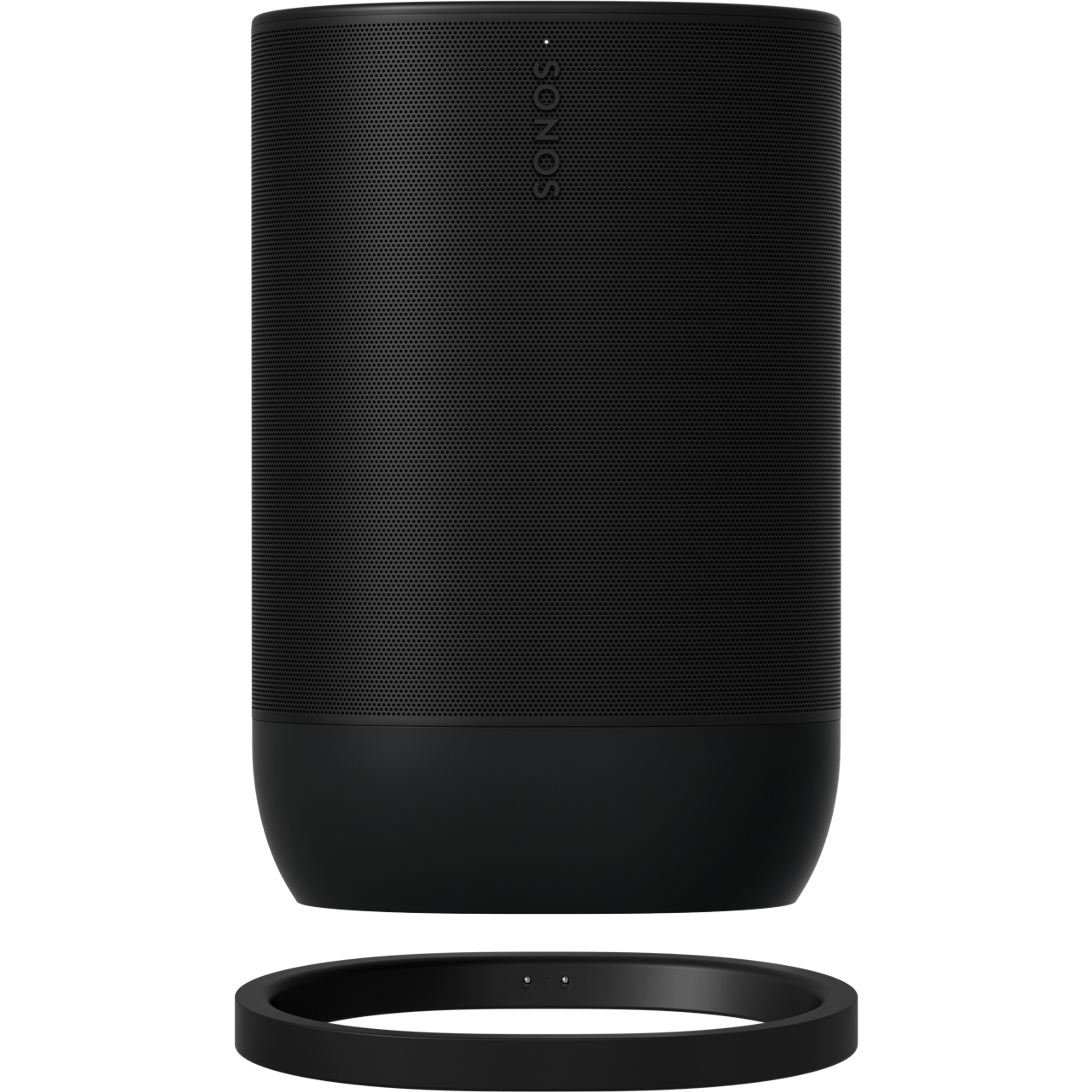 Vorderansicht eines Sonos Move 2 in Schwarz mit der farblich abgestimmten Ladestation