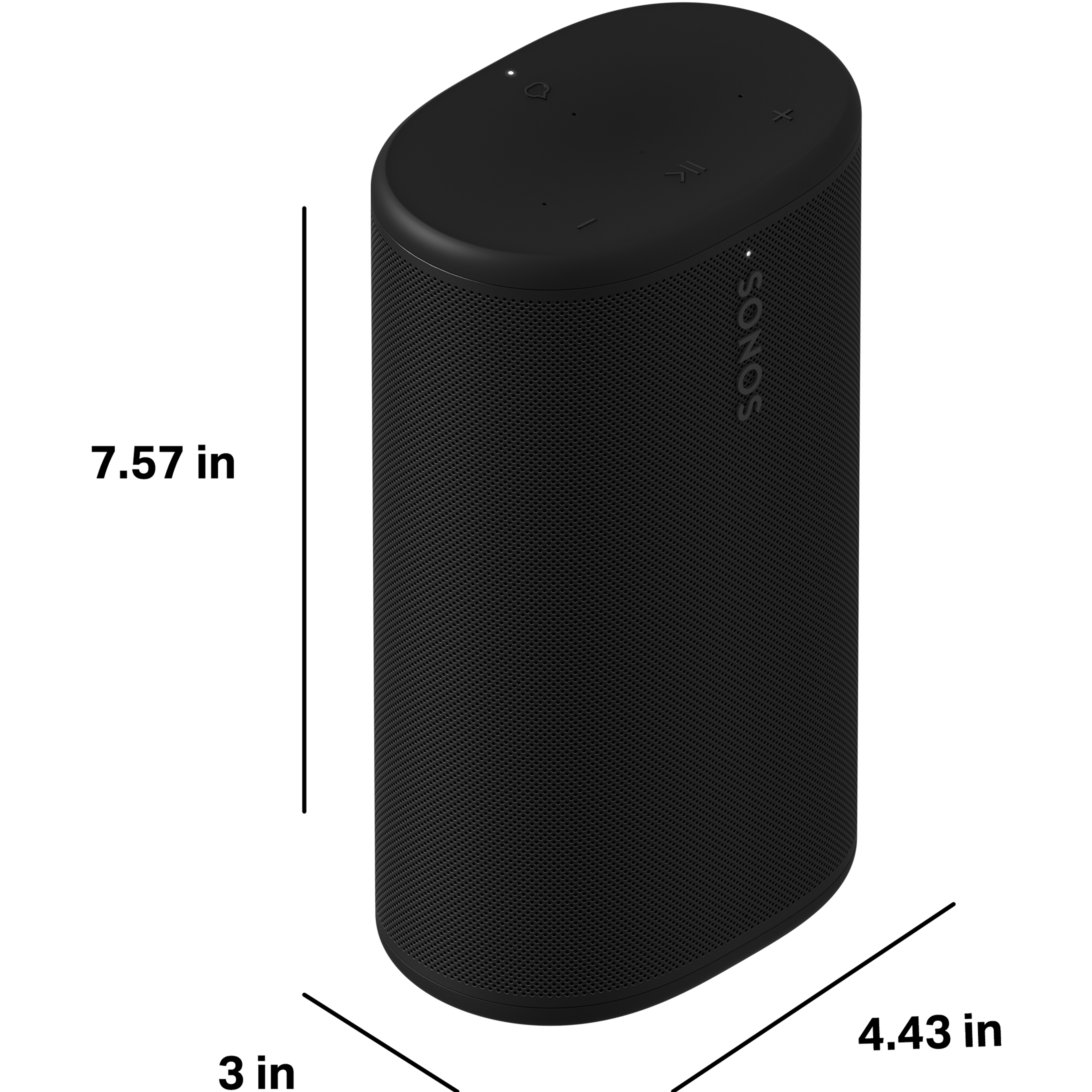 Sonos Play is 7.57" (192.3mm) tall, 3" (76.7mm) deep, and 4.43" (112.5mm) wide
