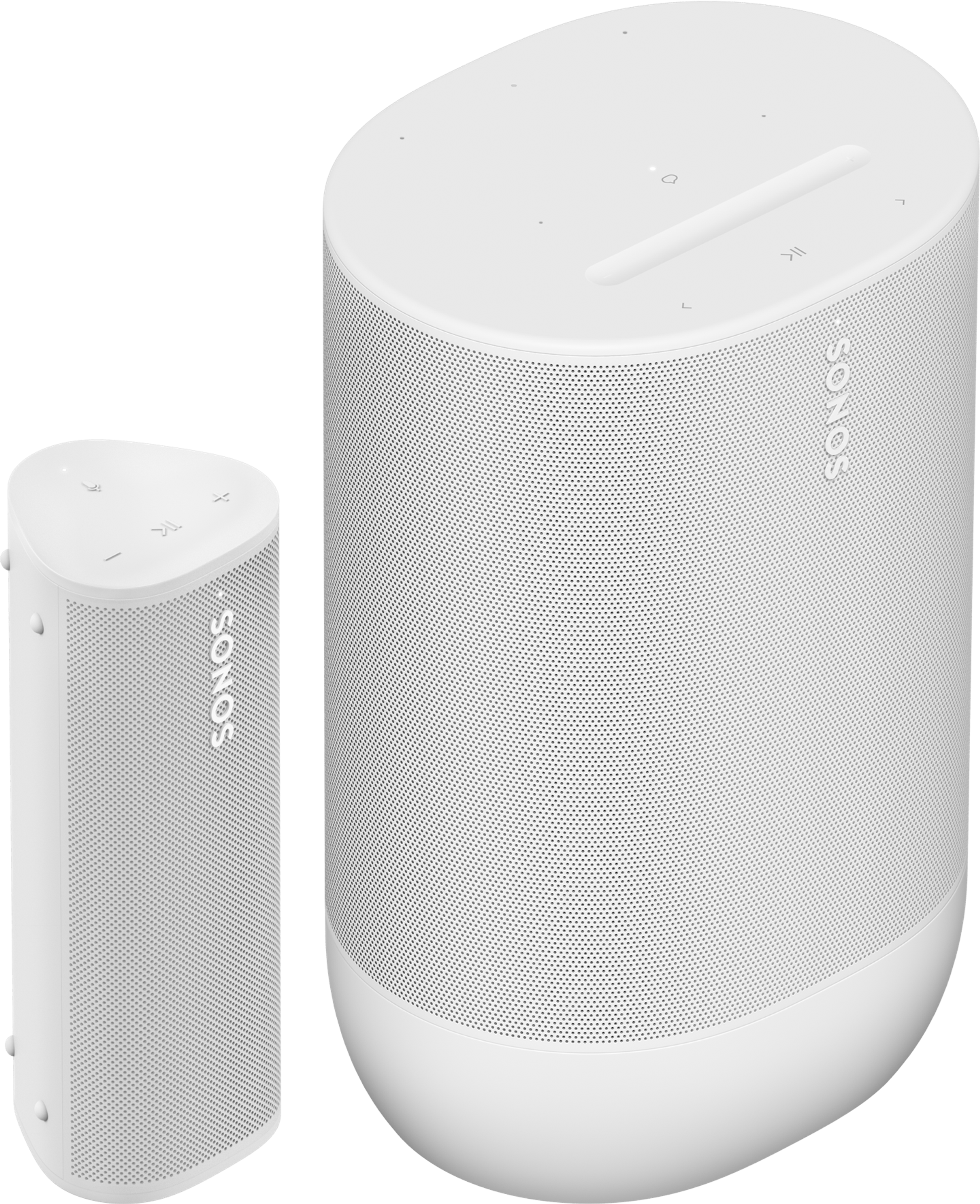 White Sonos Roam 2 next to a white Sonos Move 2