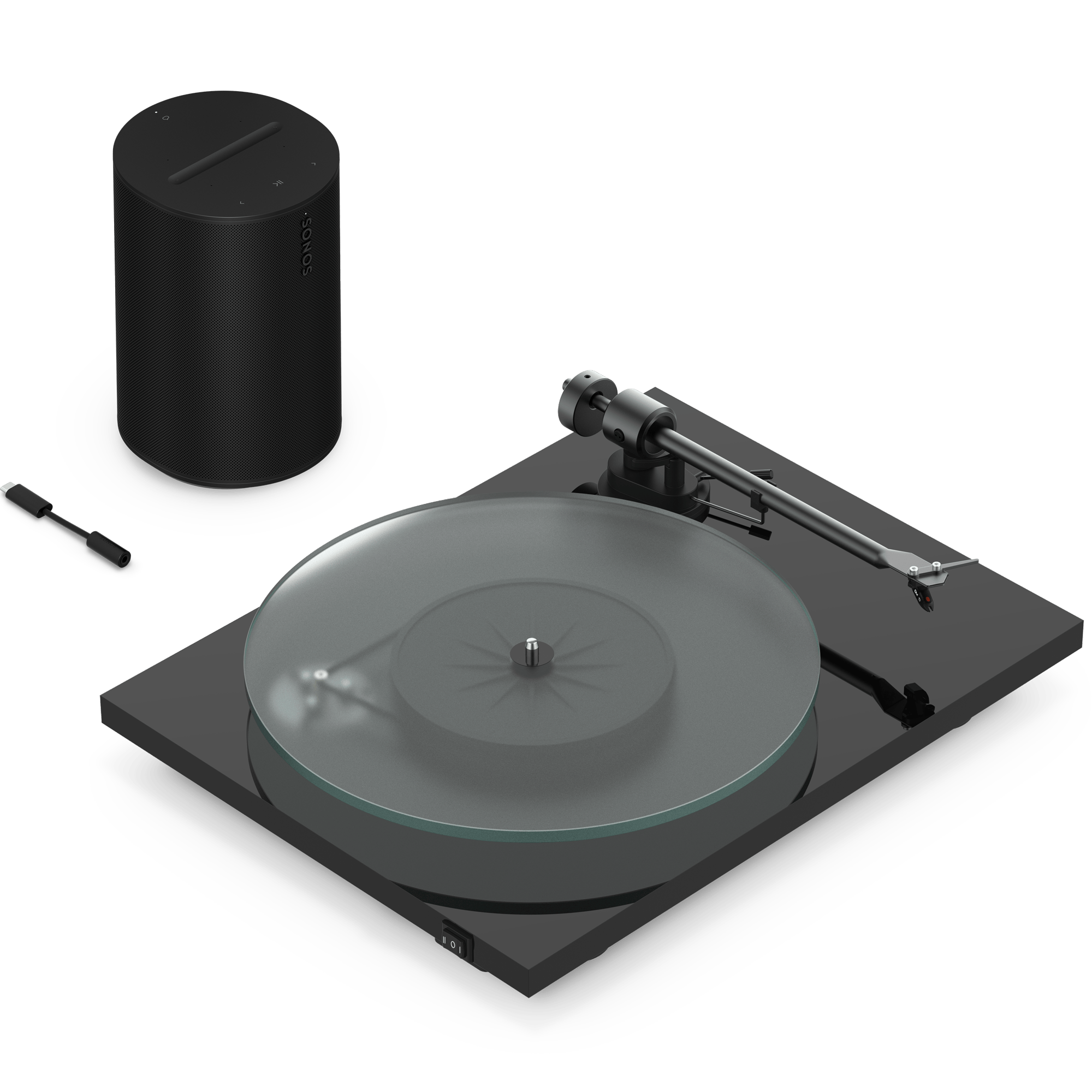 Sonos Era 100 kết nối với mâm than qua Sonos Line-In Adapter — nhìn từ trên xuống