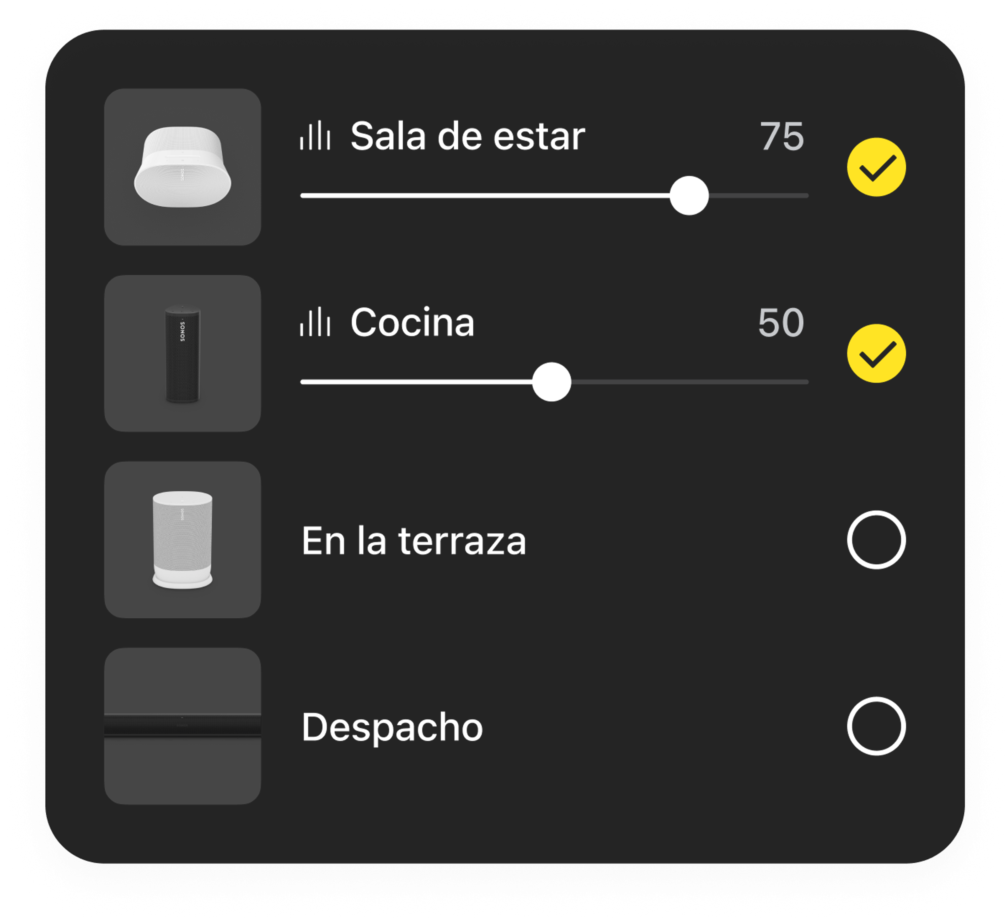 Ejemplo de los controles de volumen de la habitación de la app Sonos