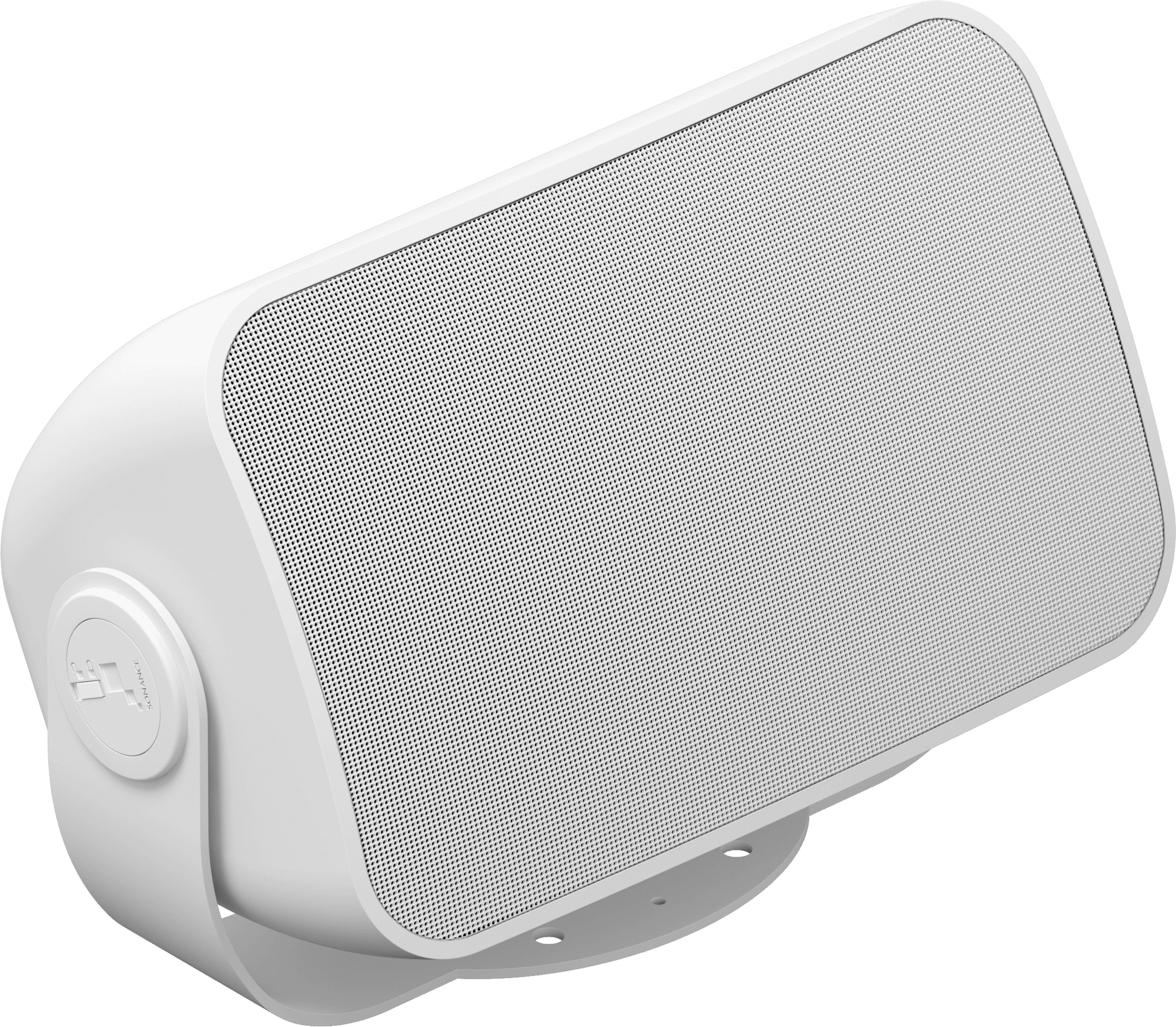 A single white outdoor speaker turned at a slight angle