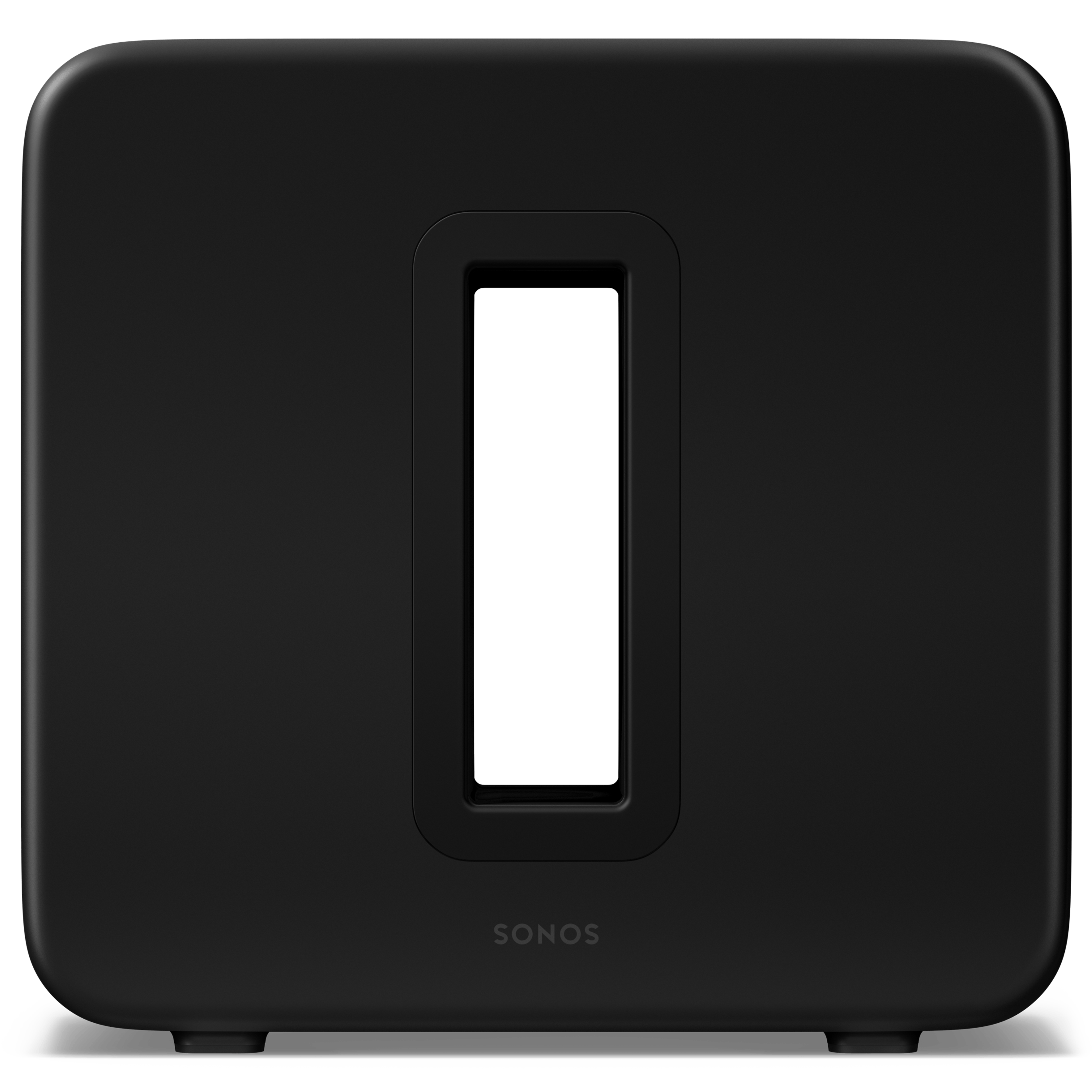 Front of a black Sonos Sub 4, straight-on angle