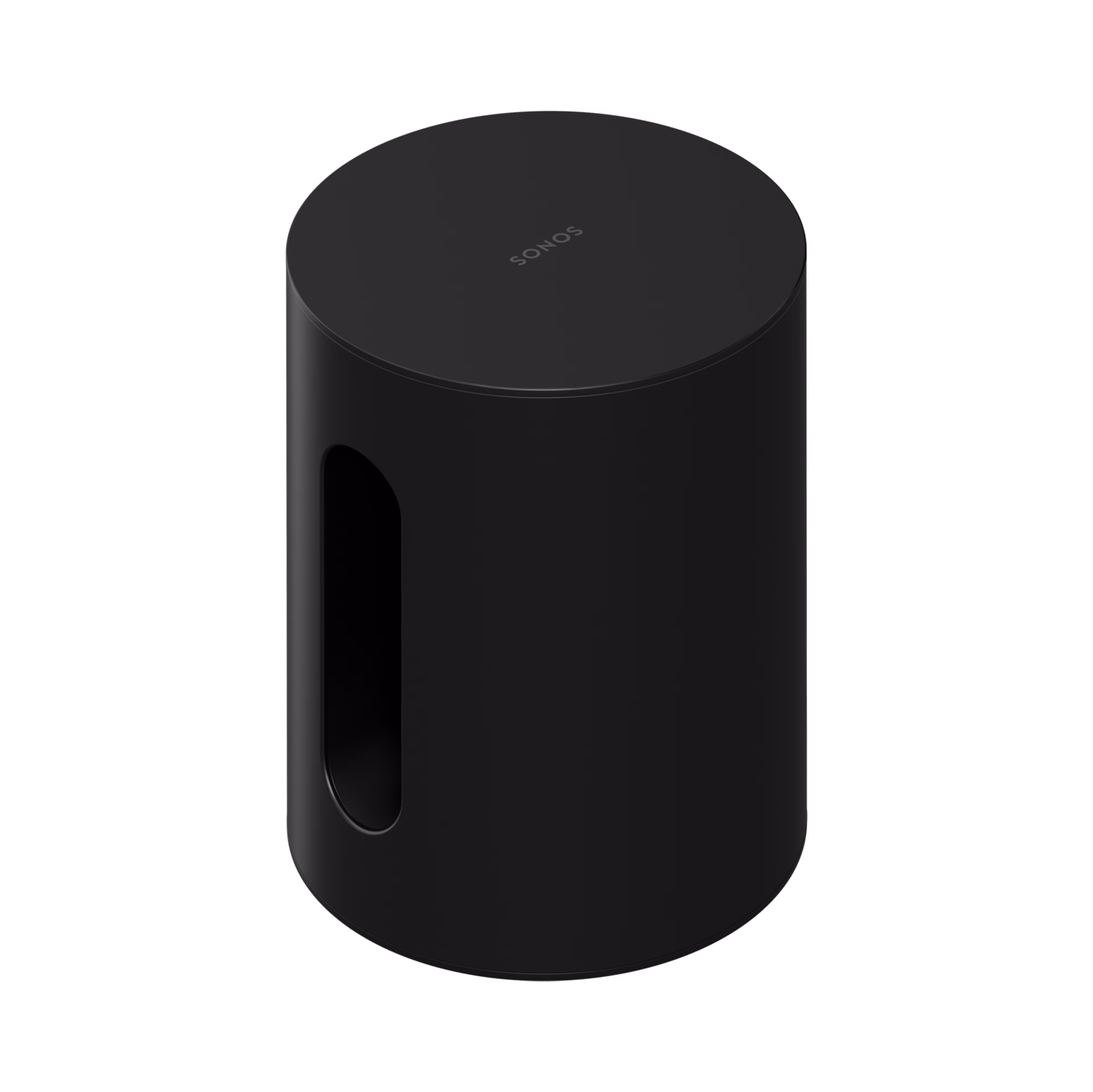 Imagen de la parte frontal y superior de un Sonos Sub Mini en negro girado hacia un lado