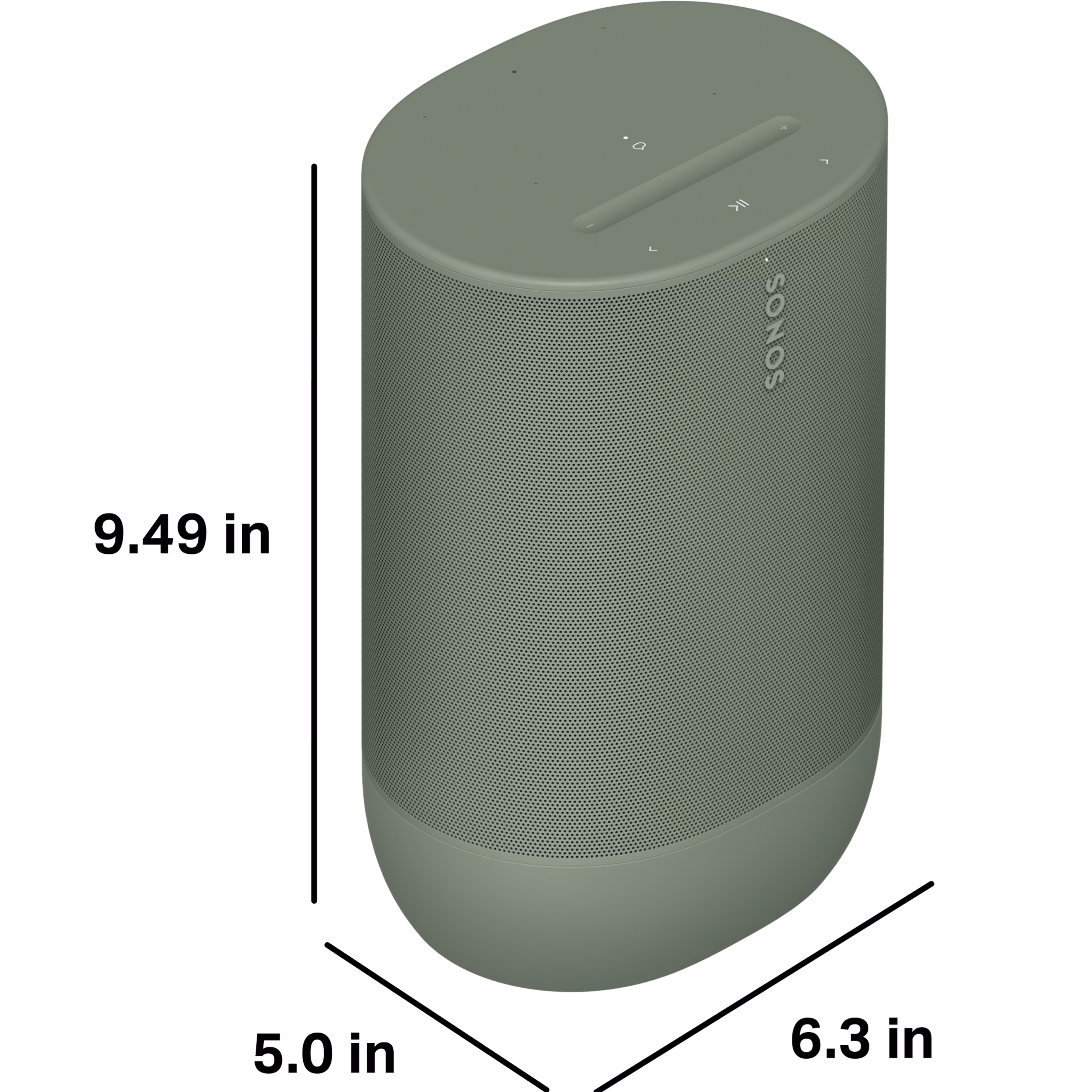 Move 2 is 9.49 inches (241 mm) tall, 5.0 inches (127 mm) deep, and 6.3 inches (160 mm) wide