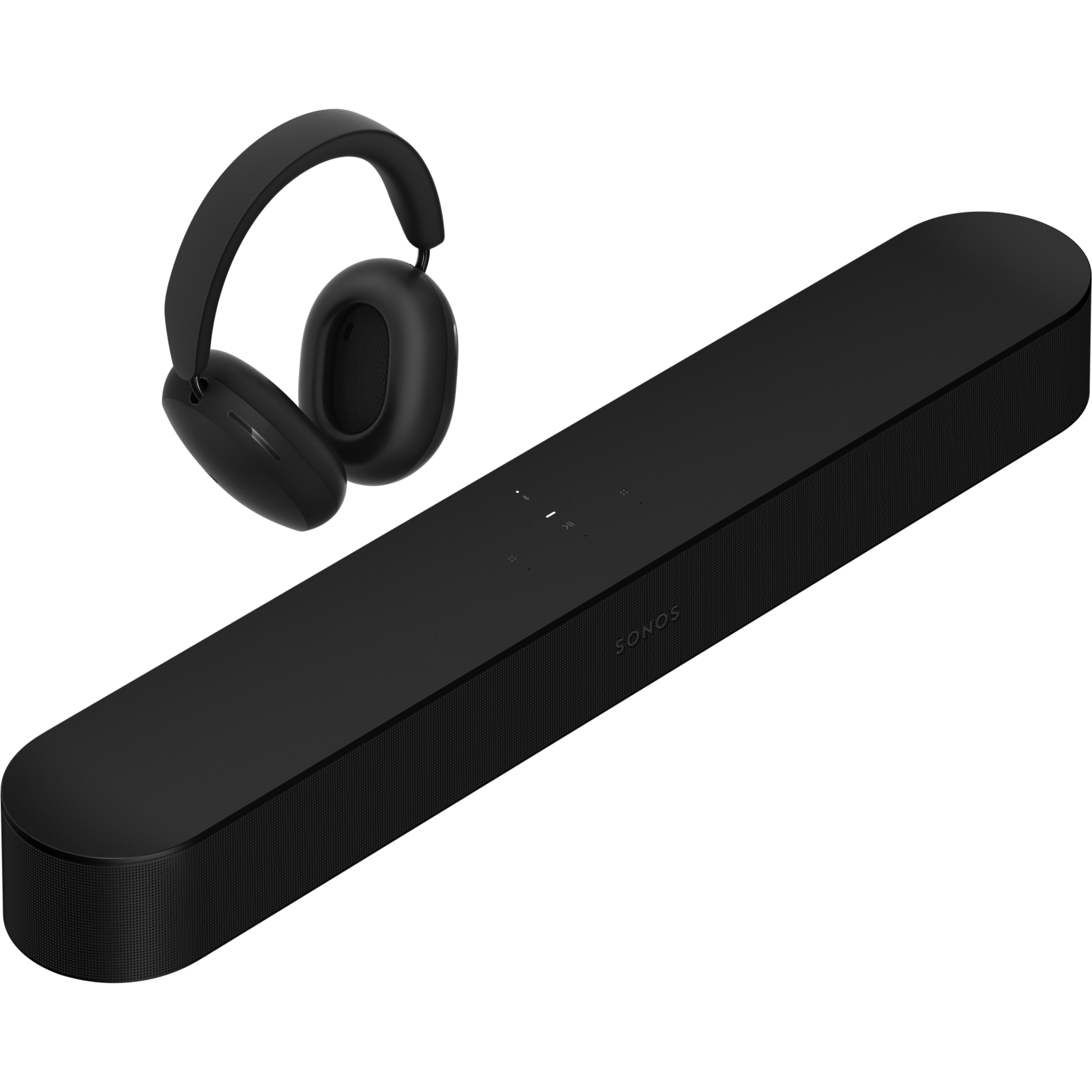 Black Sonos Ace headphones with a black Beam