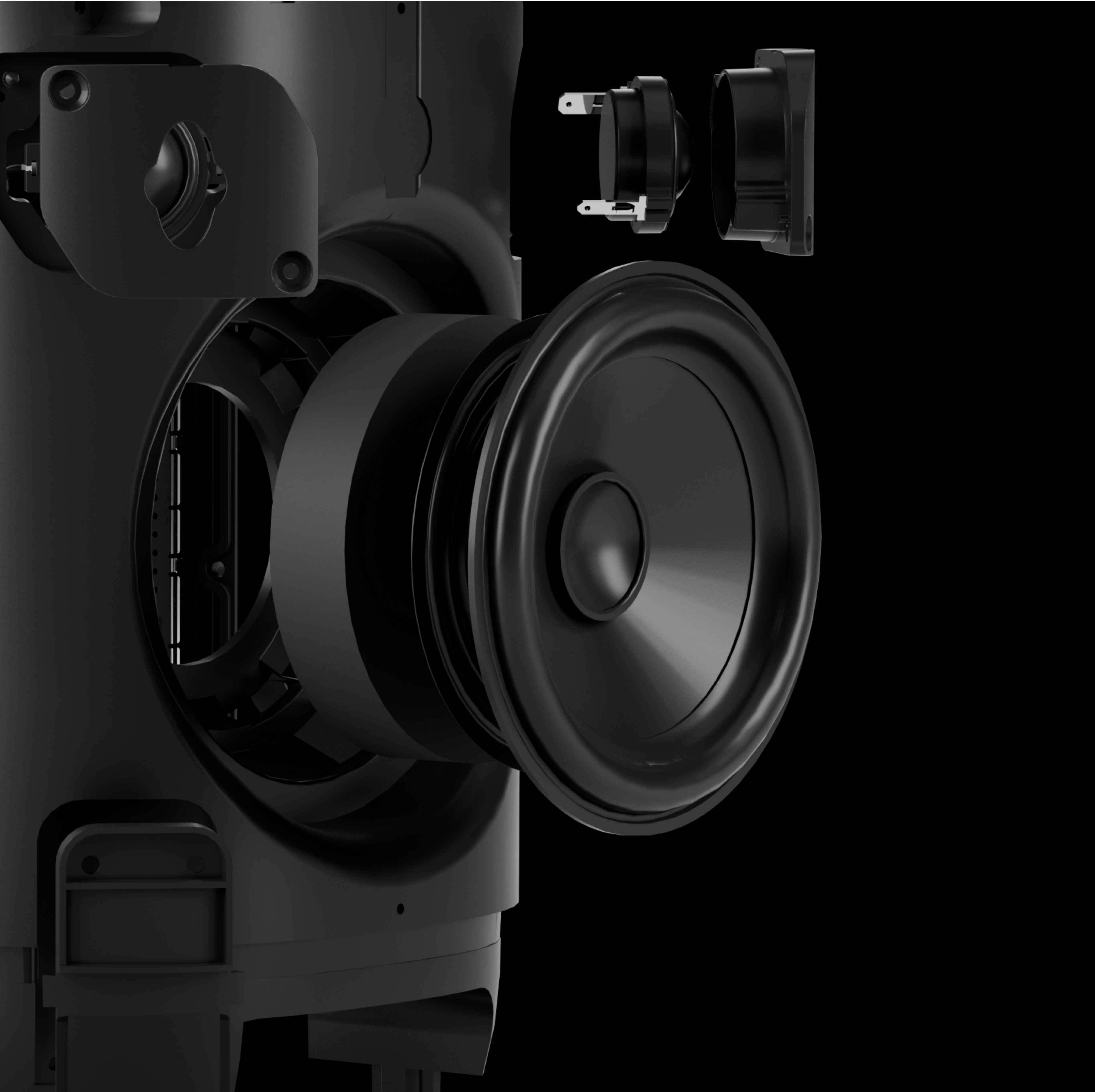 A closeup image of the woofer assembly of a black Sonos Move 2