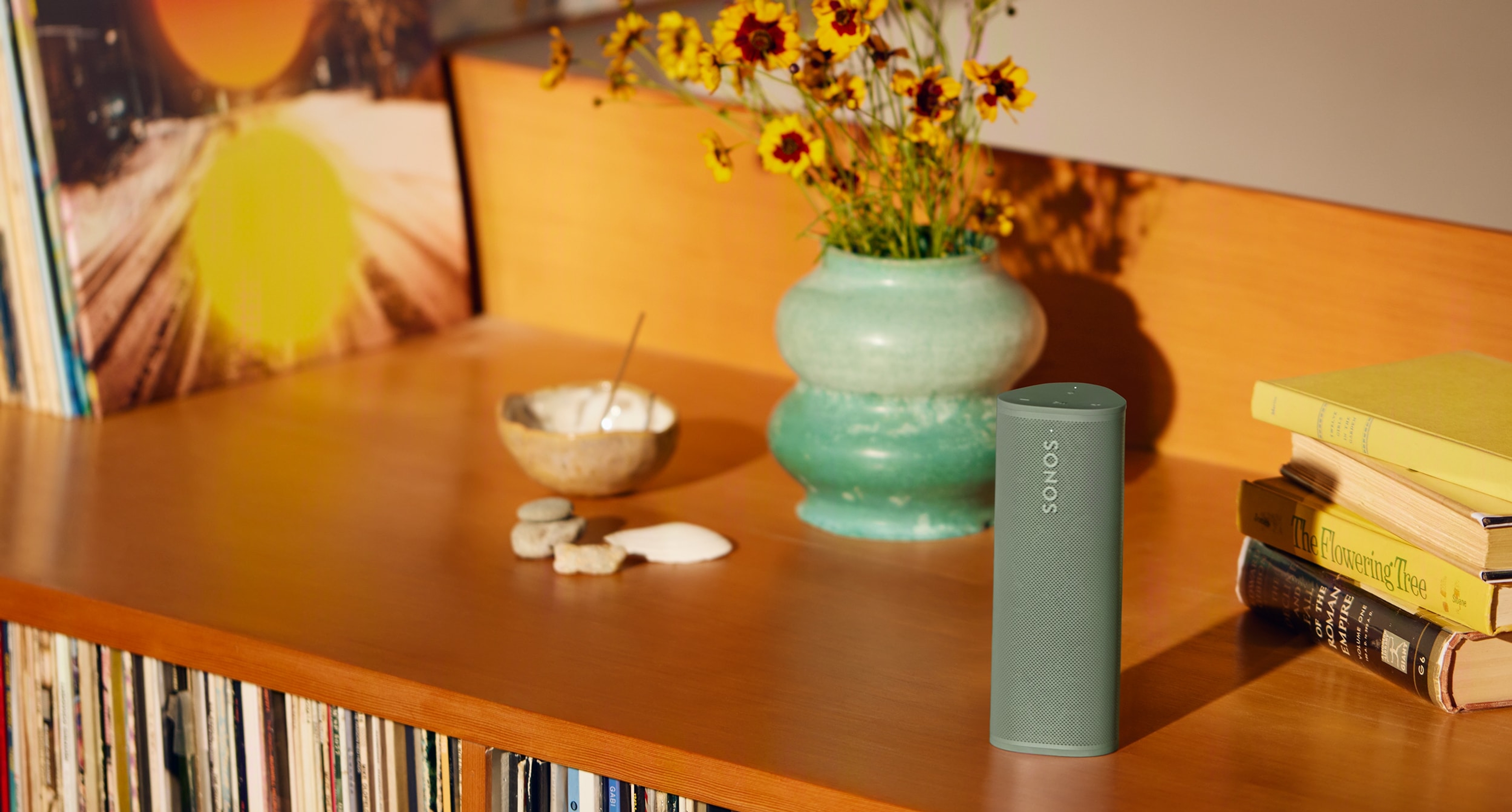 Sonos Roam 2 sur un meuble avec des livres, des disques et un vase vert en arrière-plan