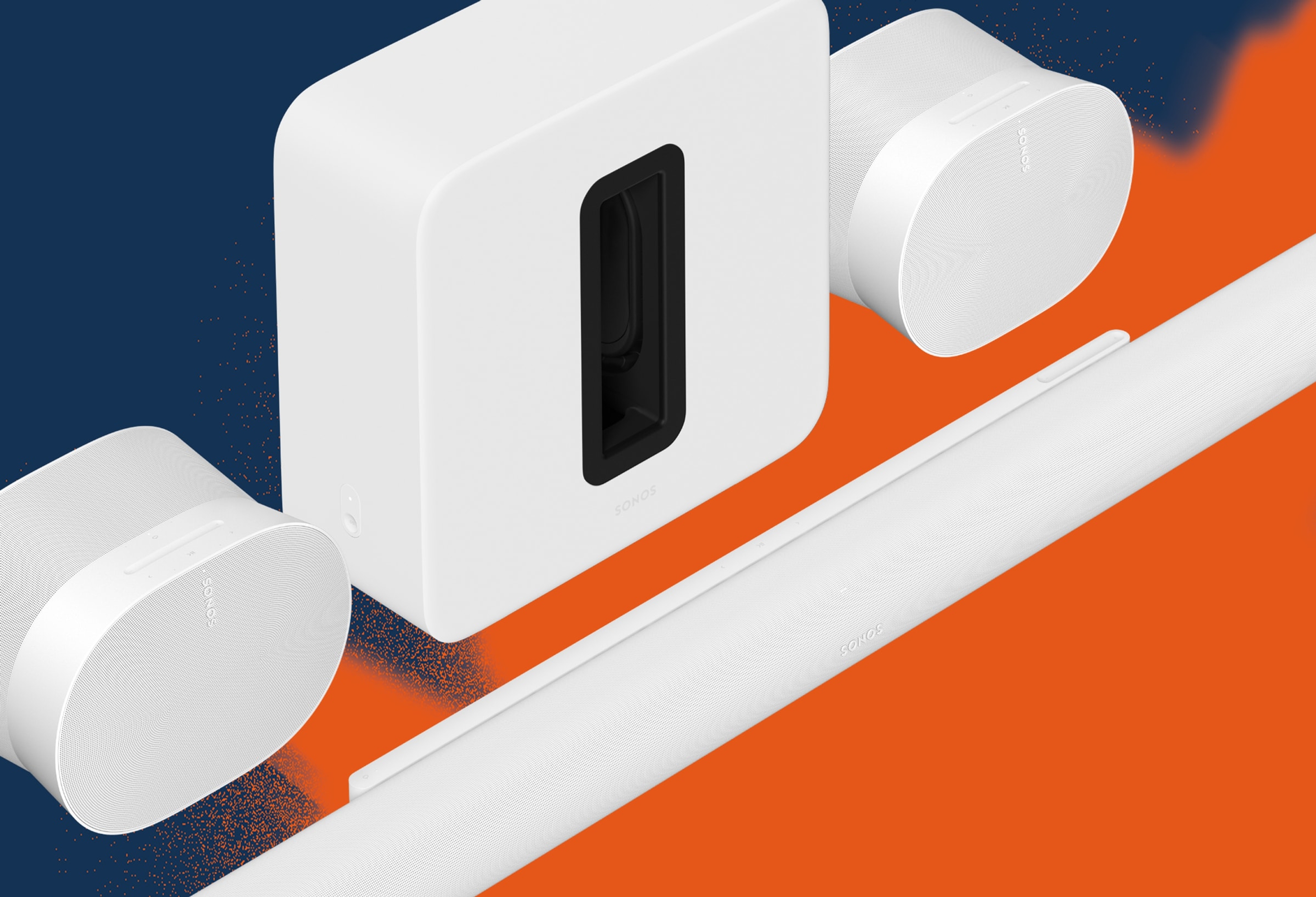 A white Sonos home theater set containing Arc Ultra, Sub 4, and a pair of Era 300 speakers, on a blue and orange graphic background