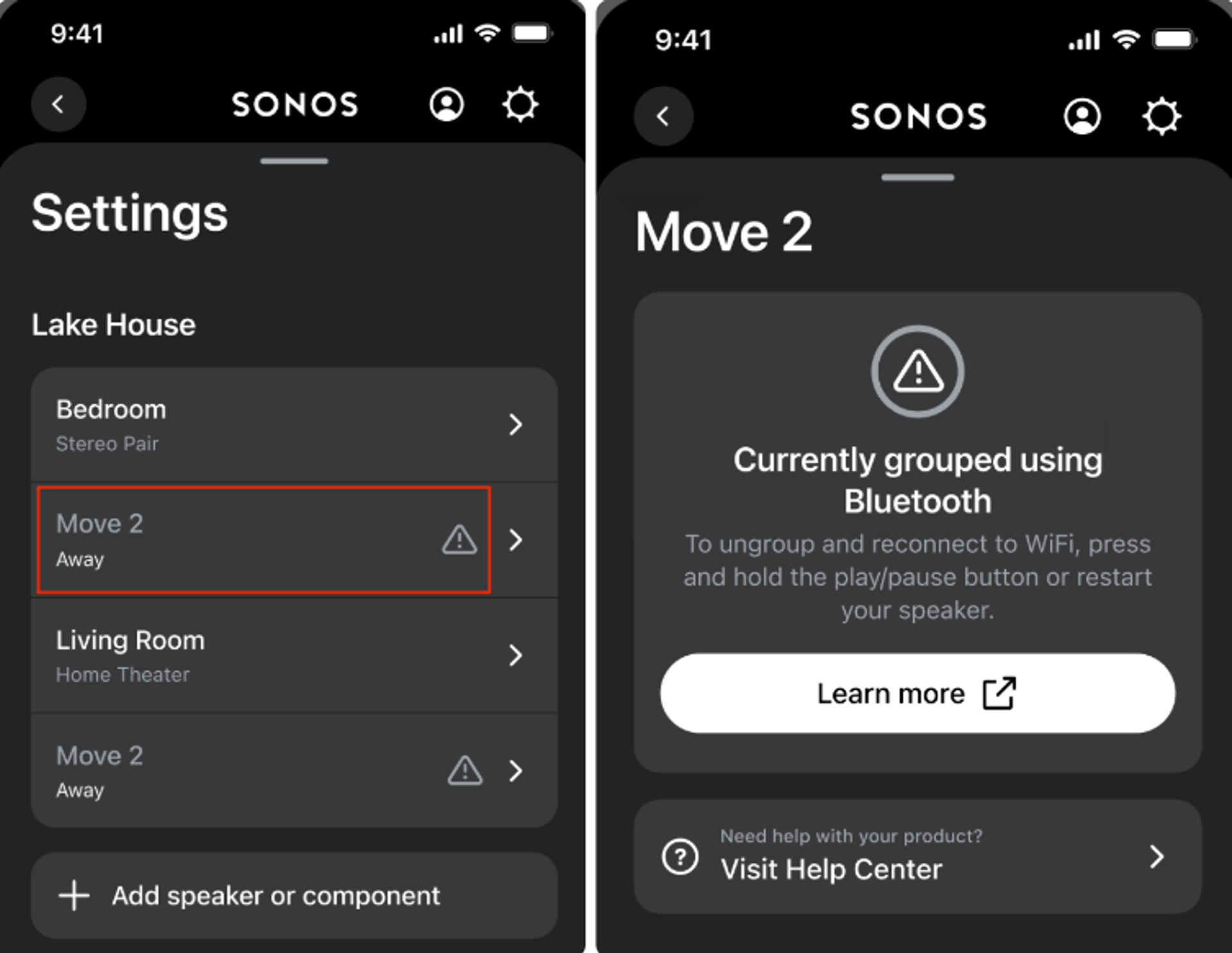 Product shows as "Away" after grouping in Bluetooth mode