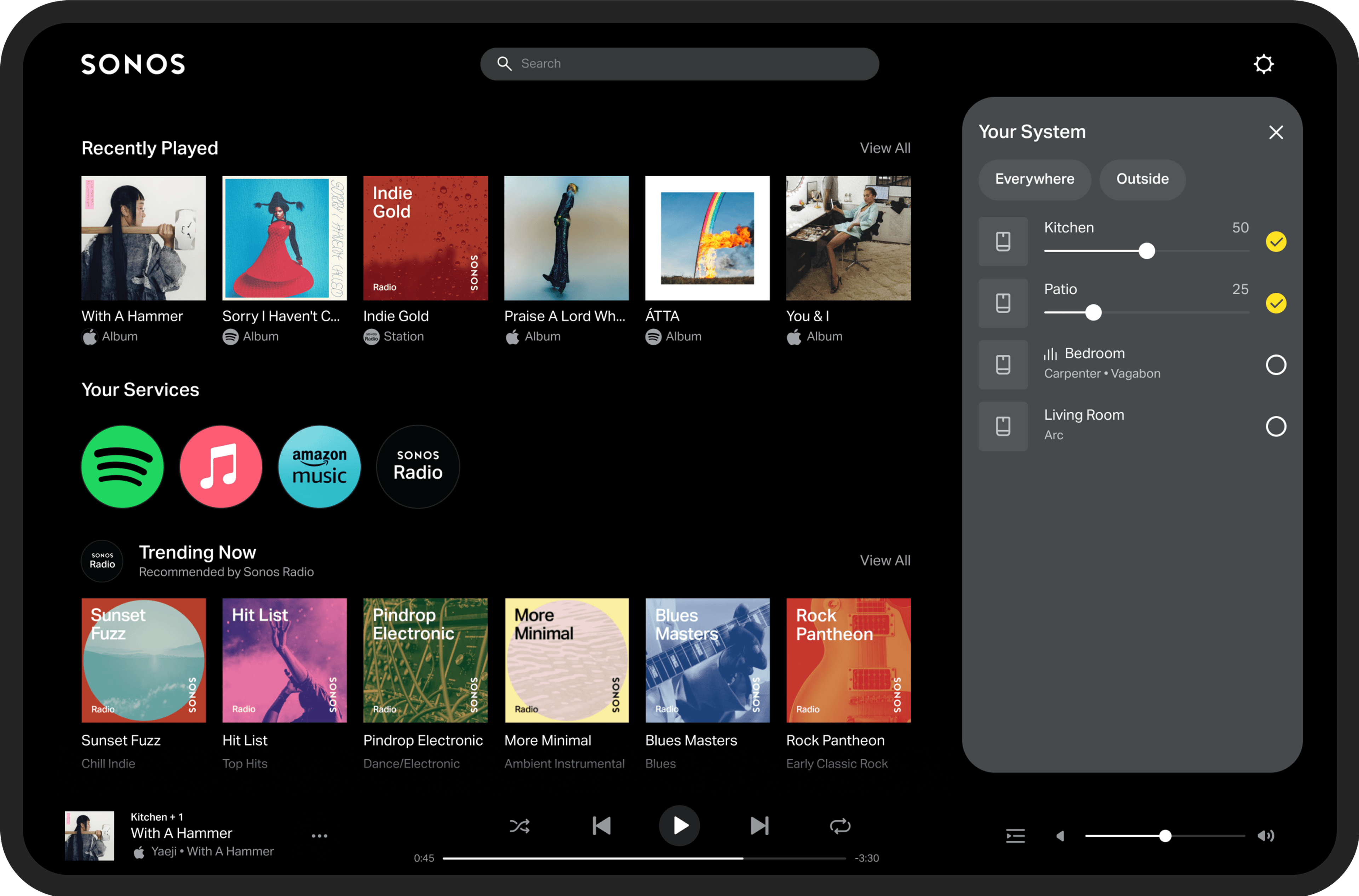 Ejemplo de la pantalla de inicio de la app Sonos en una tablet