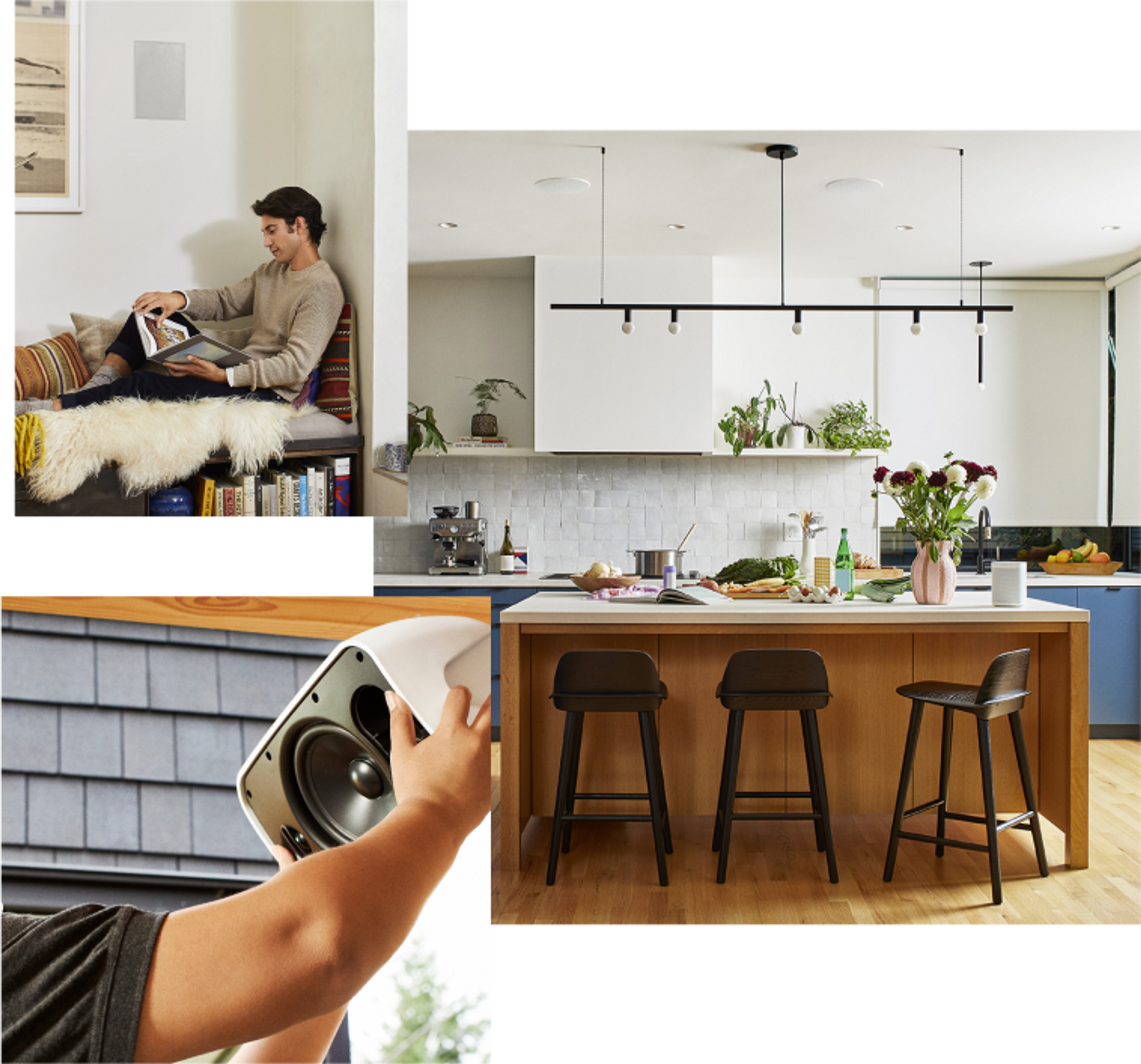 A variety of Sonos speaker products shown in a kitchen, reading nook, and outdoor patio